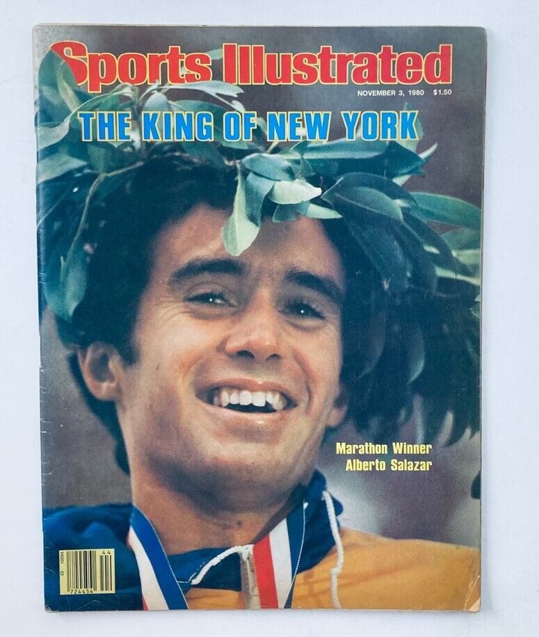 Vintage Sports Illustrated Magazine November 3 1980 featuring Alberto Salazar on the cover with a joyful expression and a laurel wreath, celebrating his marathon win.