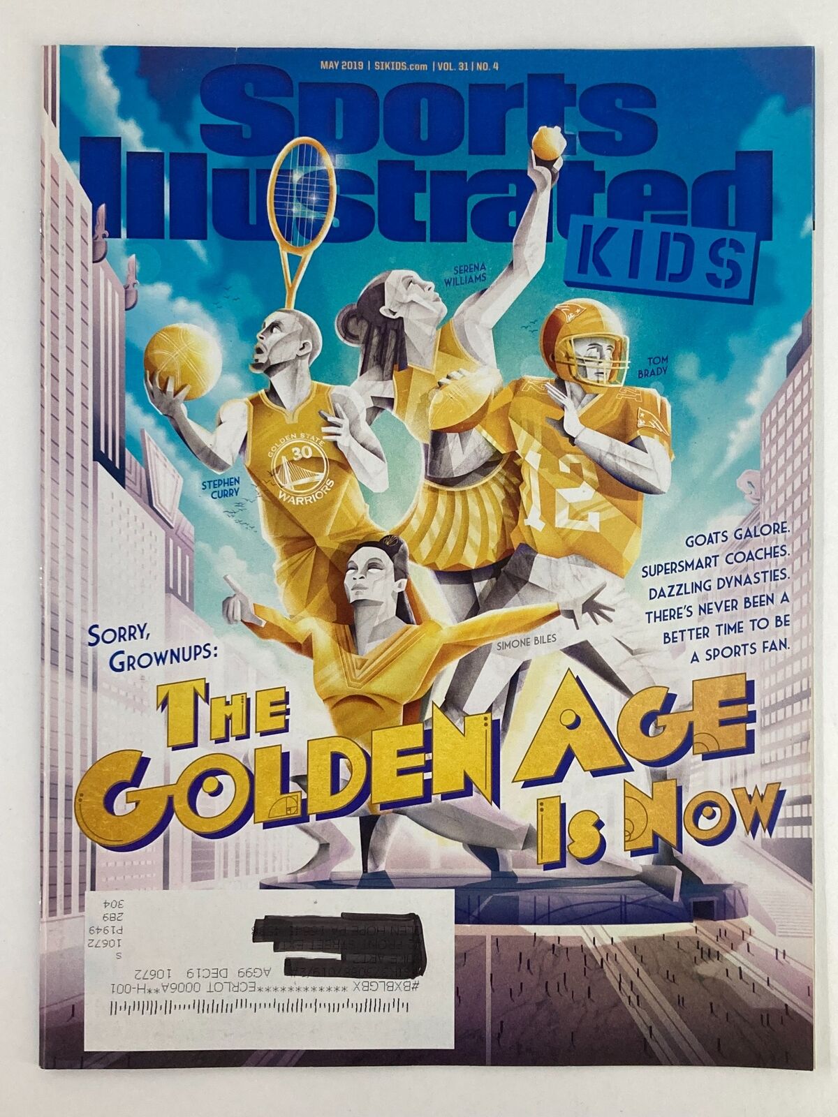 Cover of Sports Illustrated Kids Magazine May 2019 Vol 31 #4 featuring Serena Williams and themed artwork promoting youth sports, titled 'The Golden Age is Now.'