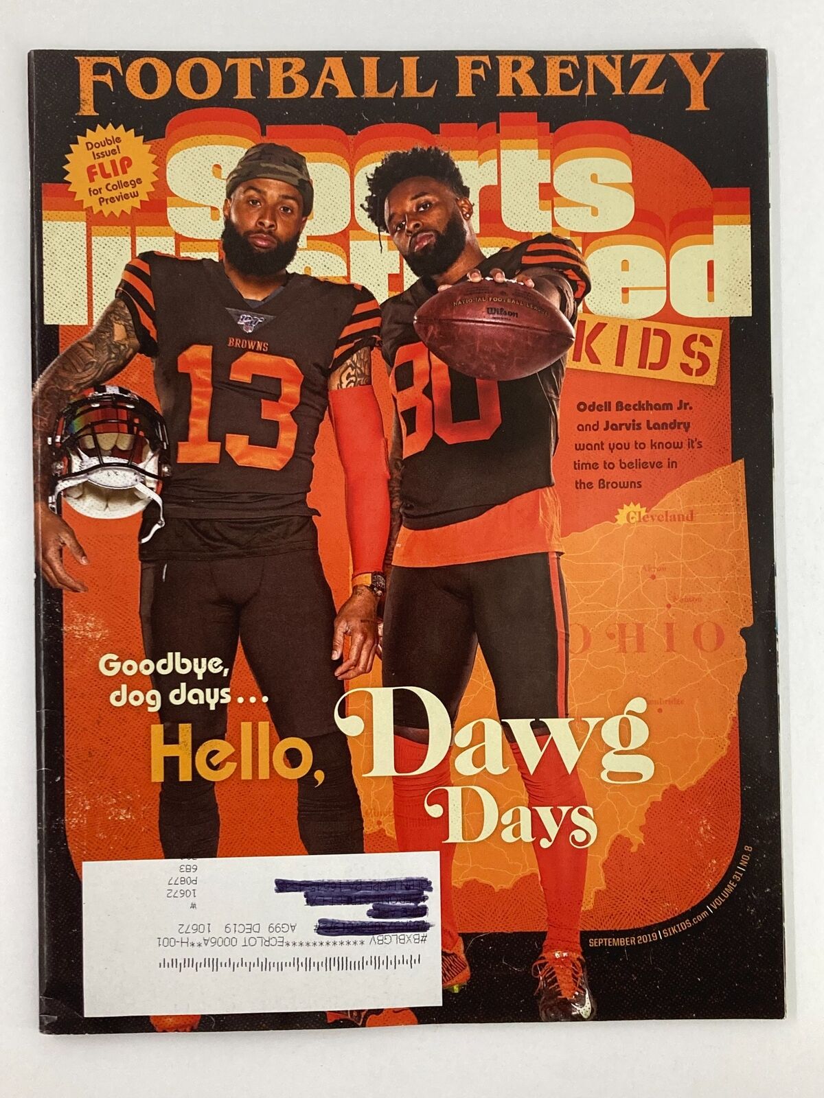 Cover of Sports Illustrated Kids Magazine September 2019 Vol 31 #8 featuring Odell Beckham Jr. and Jarvis Landry in their Cleveland Browns uniforms, celebrating football culture with the tagline 'Goodbye, dog days... Hello, Dawg Days.'