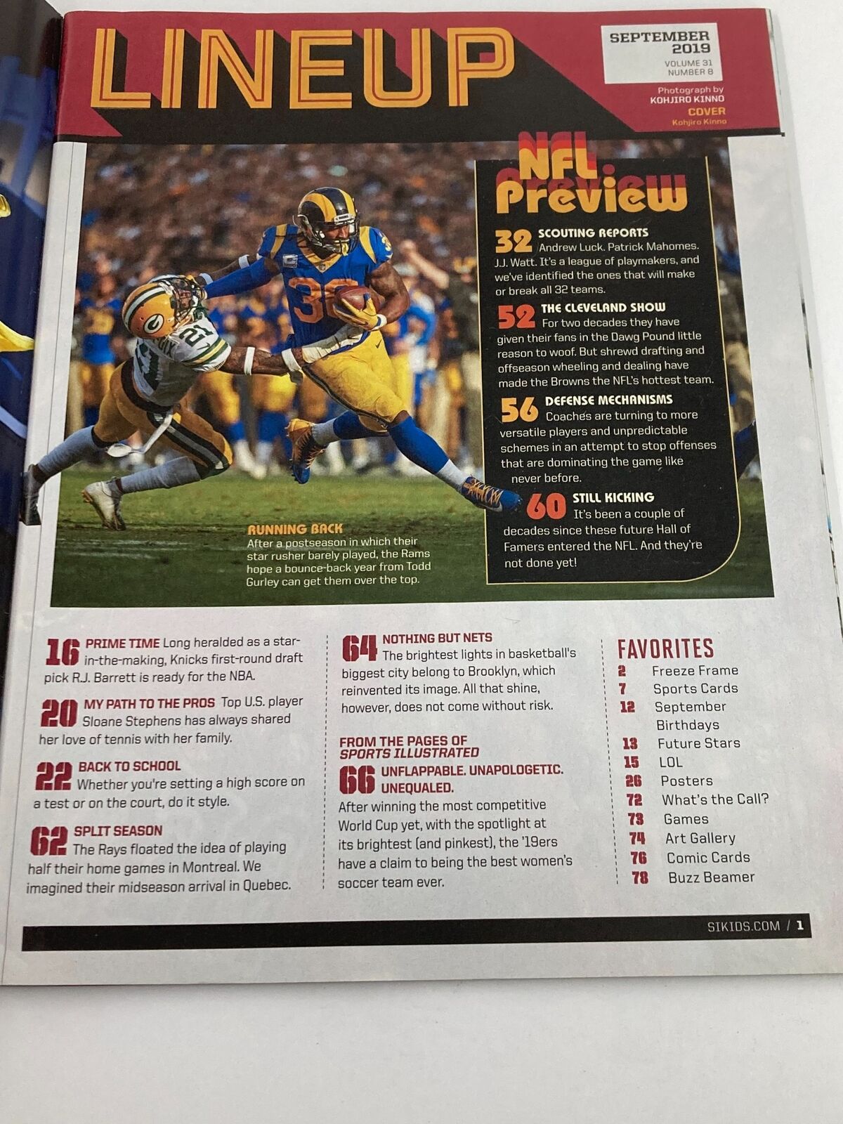 Inside page of Sports Illustrated Kids Magazine September 2019 Vol 31 #8 showcasing the NFL preview lineup, including scouting reports and featured articles related to football.