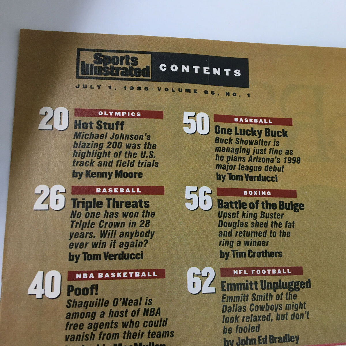 Contents page of Sports Illustrated Magazine July 1 1996, detailing articles including Emmitt Smith's feature, providing insights into the sports culture of the 1990s.
