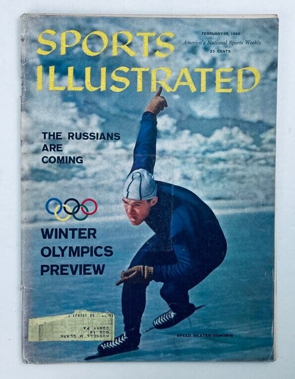 VTG Sports Illustrated Magazine February 15, 1960 featuring skater Voronin on the cover, showcasing Olympic themes and winter sports.