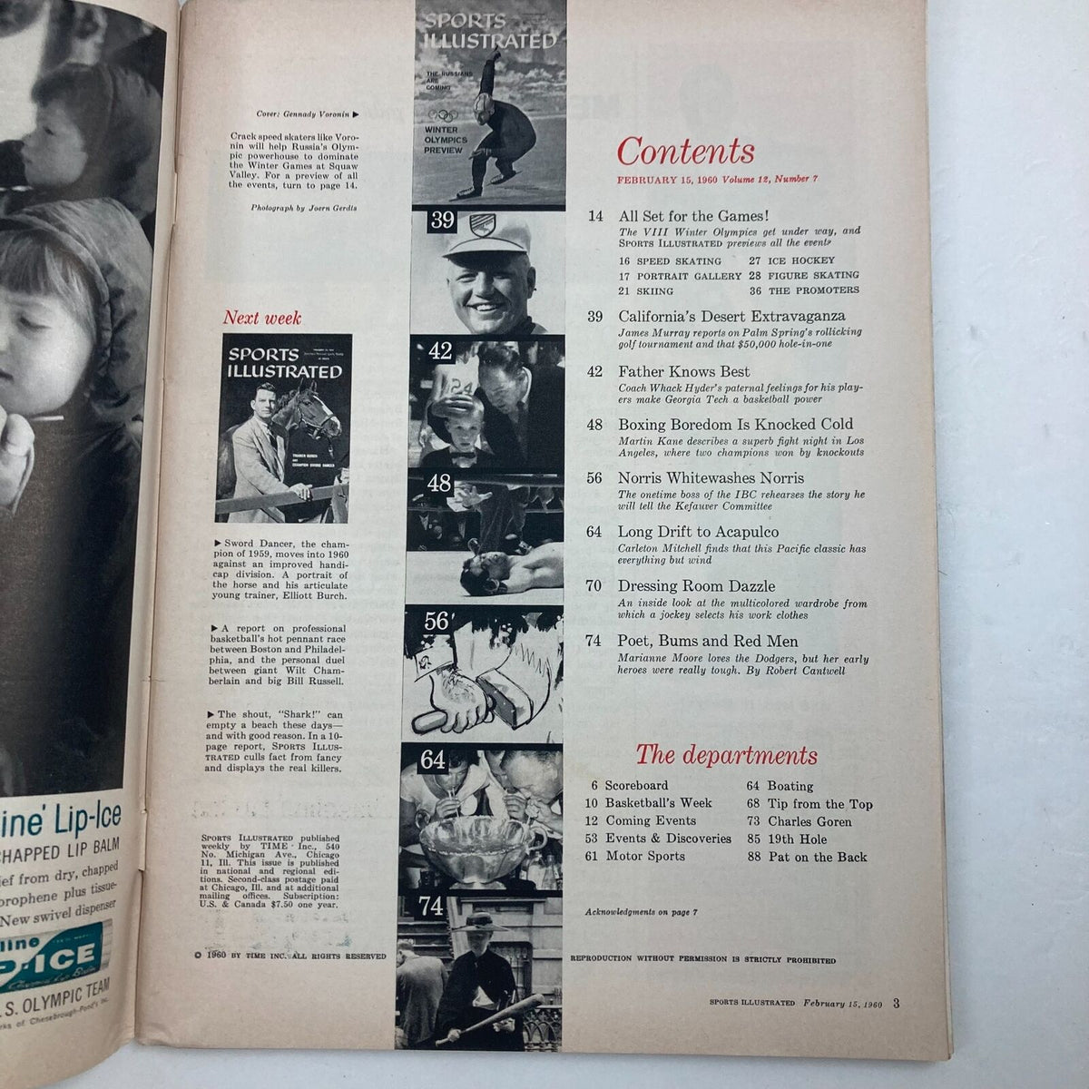 Contents page of VTG Sports Illustrated Magazine February 15, 1960, detailing articles and features about winter sports and notable athletes.