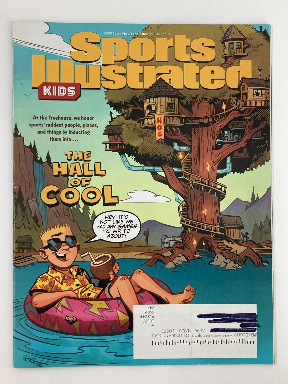Cover of Sports Illustrated Kids Magazine May 2020 Vol 32 #3 featuring the theme 'The Hall of Cool', showcasing a fun illustration of kids at a treehouse in a swimming raft.