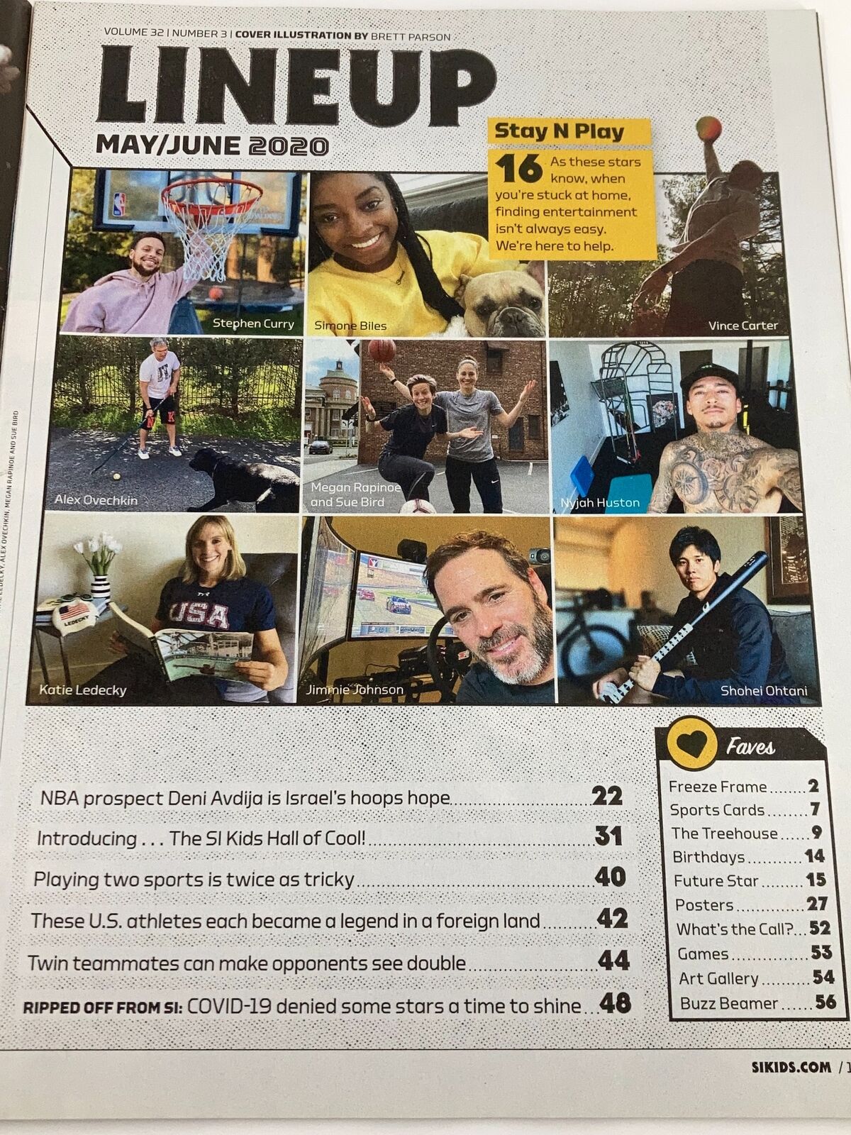 Inside page of Sports Illustrated Kids Magazine May 2020 Vol 32 #3 displaying the lineup of featured stories and athletes, highlighting the issue's title 'The Hall of Cool'.