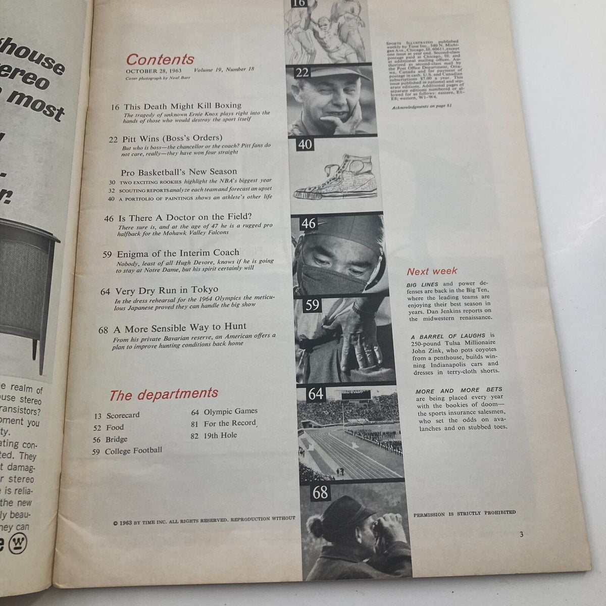 Contents page of Vintage Sports Illustrated Magazine October 28 1963 featuring articles about boxing, basketball, and football alongside captivating illustrations.