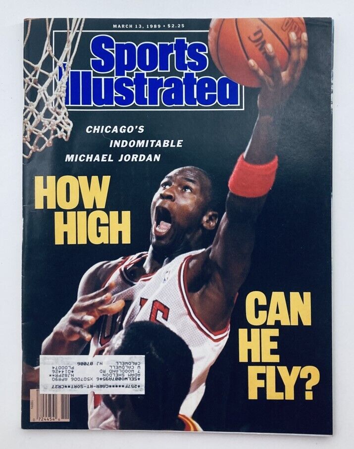 Sports Illustrated Magazine March 13, 1989, Vol 70 No. 11 cover featuring NBA legend Michael Jordan making a spectacular play with text that reads 'HOW HIGH CAN HE FLY?'
