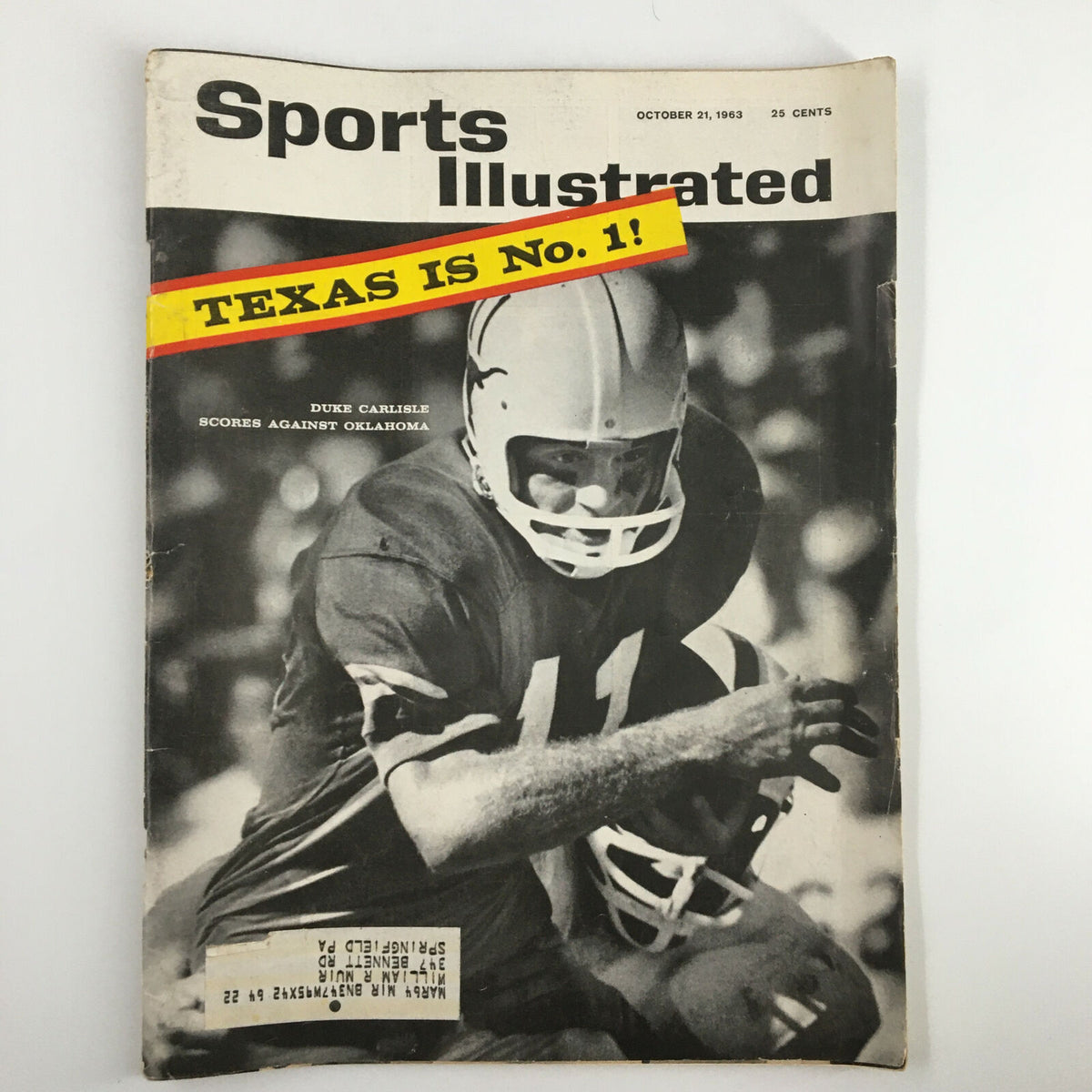 Vintage Sports Illustrated Magazine from October 21, 1963 featuring Duke Carlisle against Oklahoma on the cover.
