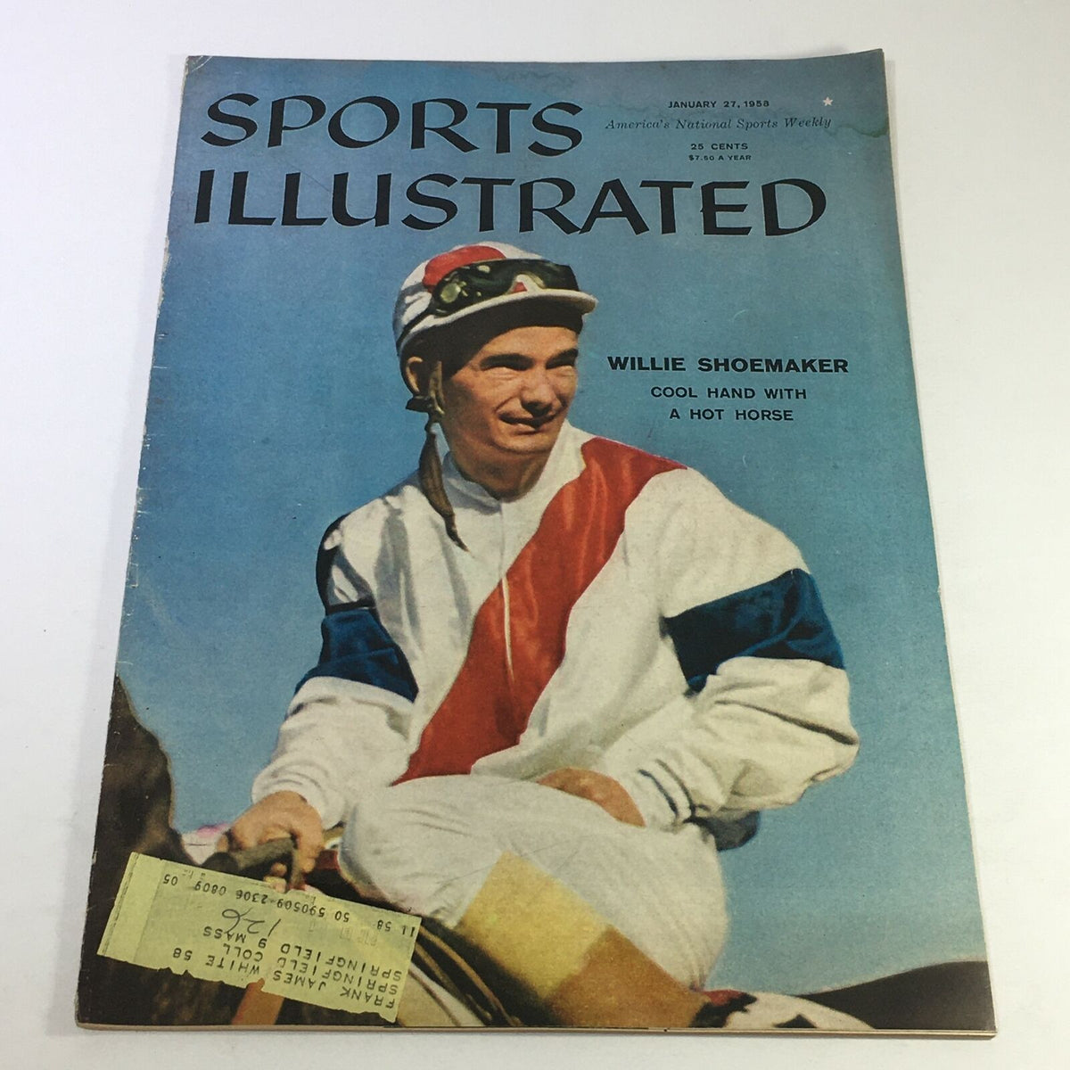 Vintage Sports Illustrated Magazine cover from January 27, 1958 featuring Willie Shoemaker with a hot horse, displaying sports history and iconic horse racing imagery.