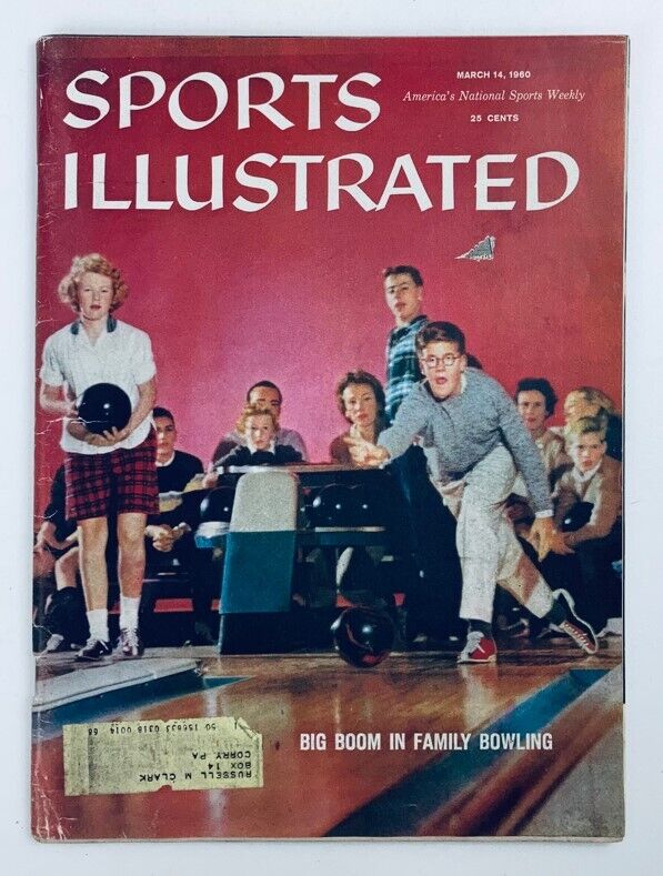Vintage Sports Illustrated magazine cover from March 14, 1960, featuring the title 'Boom Family Bowling' with a colorful illustration showcasing people bowling.