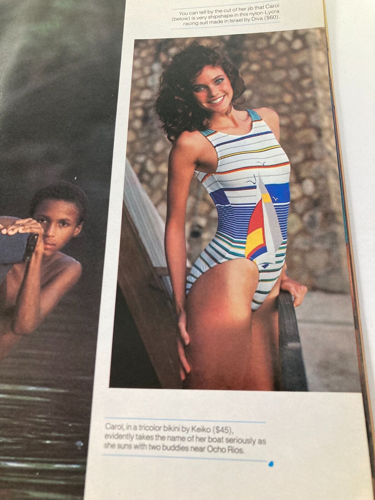 Model wearing a colorful striped swimsuit from VTG Sports Illustrated Magazine February 14 1983, enjoying the sun near a pool, emphasizing vibrant beachwear trends of the era.