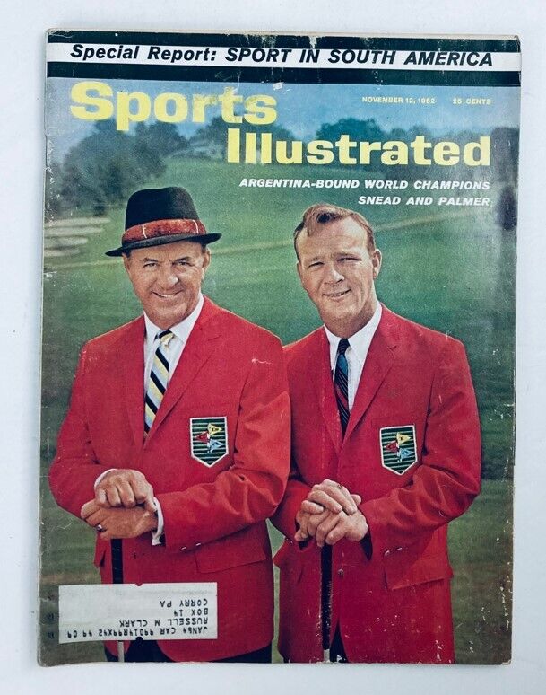 VTG Sports Illustrated Magazine November 12 1962 featuring Sam Snead and Arnold Palmer on the cover, showcasing their iconic red jackets and golf clubs.