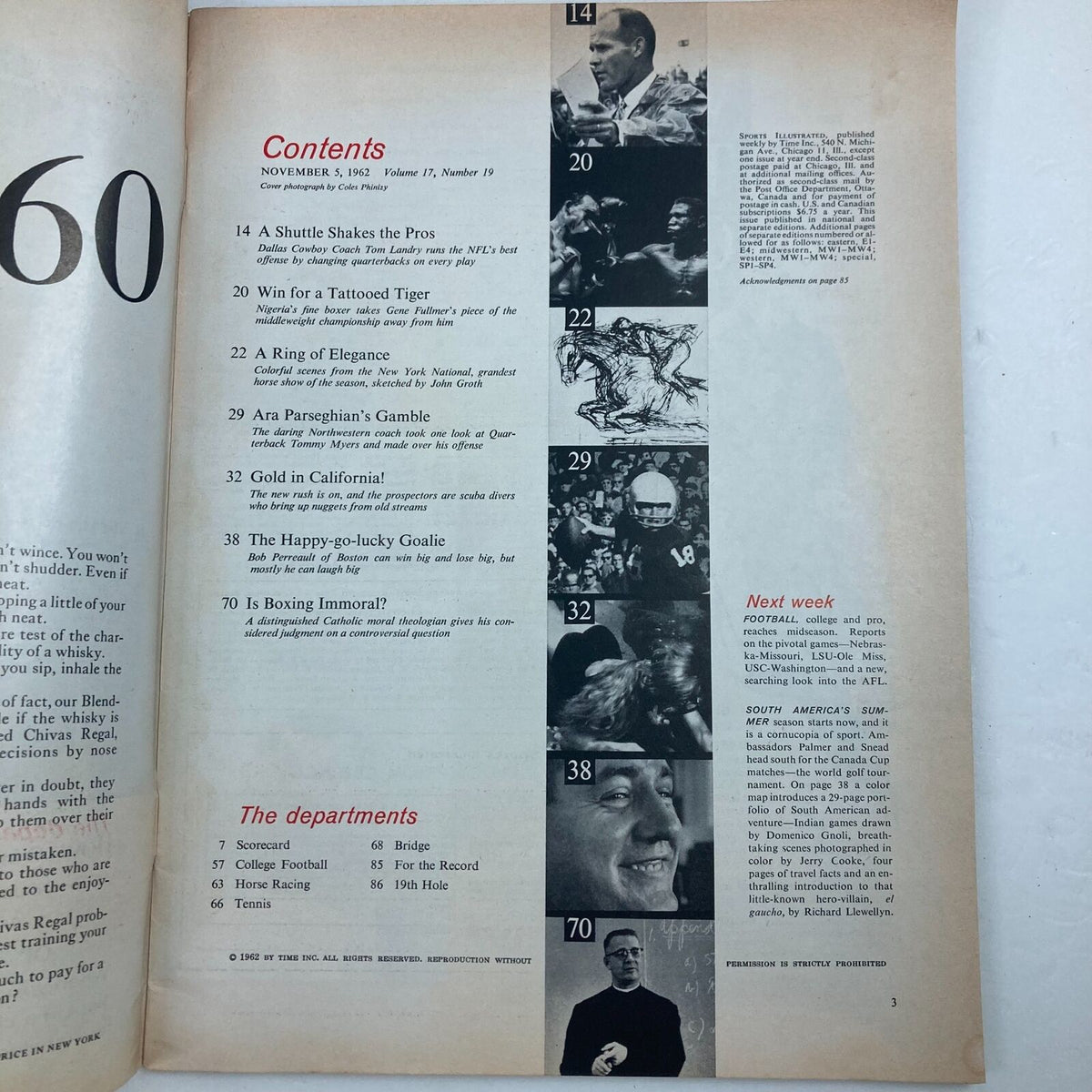 Contents page of VTG Sports Illustrated Magazine, November 5, 1962, Volume 17, No. 19. The page includes titles of featured articles such as 'A Shuttle Shakes the Pros', 'Gold in California!', and 'Is Boxing Immoral?', along with photographs and illustrations.