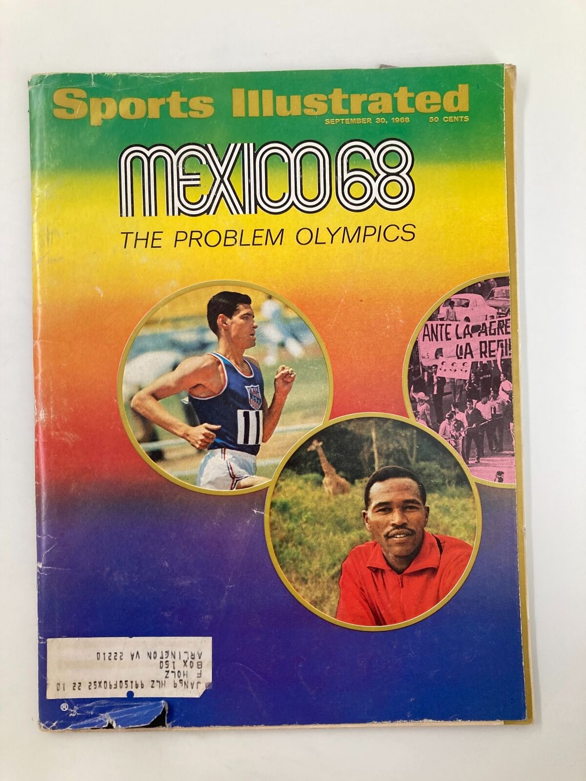 Vintage Sports Illustrated Magazine titled 'Mexico 68: The Problem Olympics' dated September 30, 1968, showcasing colorful graphics and images related to the Olympics.