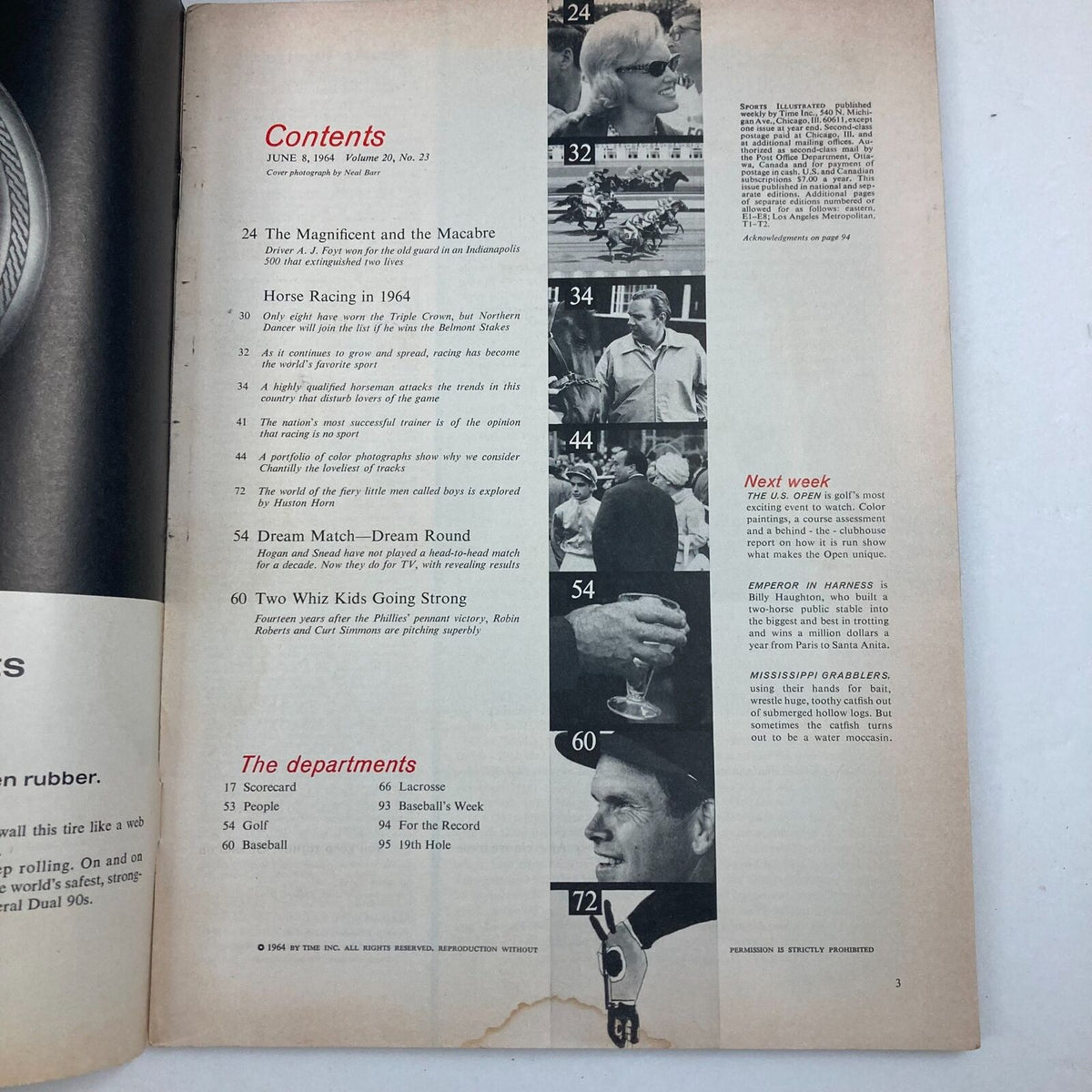 Contents page of the vintage Sports Illustrated Magazine from June 8, 1964, Volume 20, Number 23, featuring various articles including horse racing, dream matches, and sports departments.