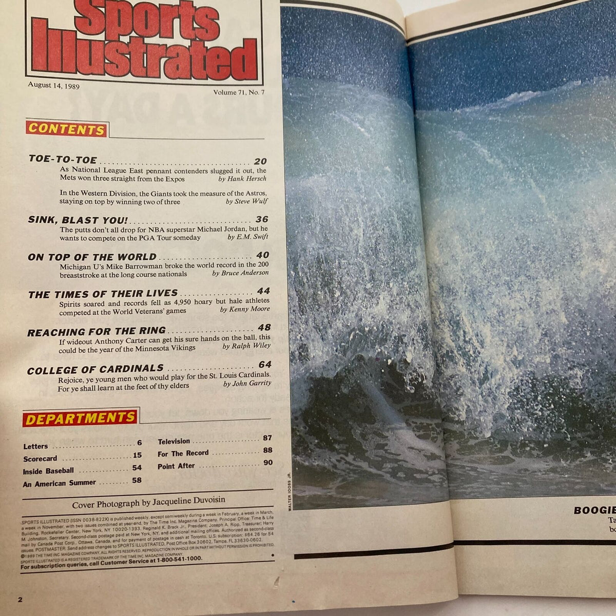 Inside pages of Sports Illustrated magazine, August 14, 1989, Volume 71, Number 7. This page includes the contents section listing articles featuring Michael Jordan among other sports topics, capturing the essence of the era.