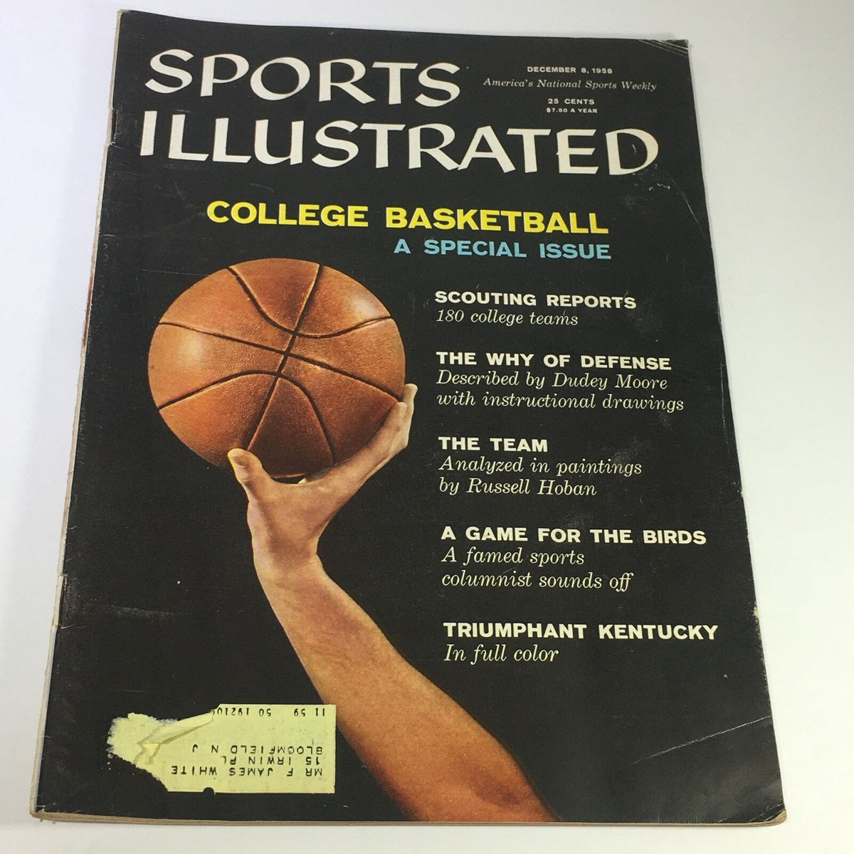 VTG Sports Illustrated Magazine December 8 1958 cover featuring a basketball and the titles of featured articles including scouting reports and analysis by Dudey Moore and Russell Hoban.