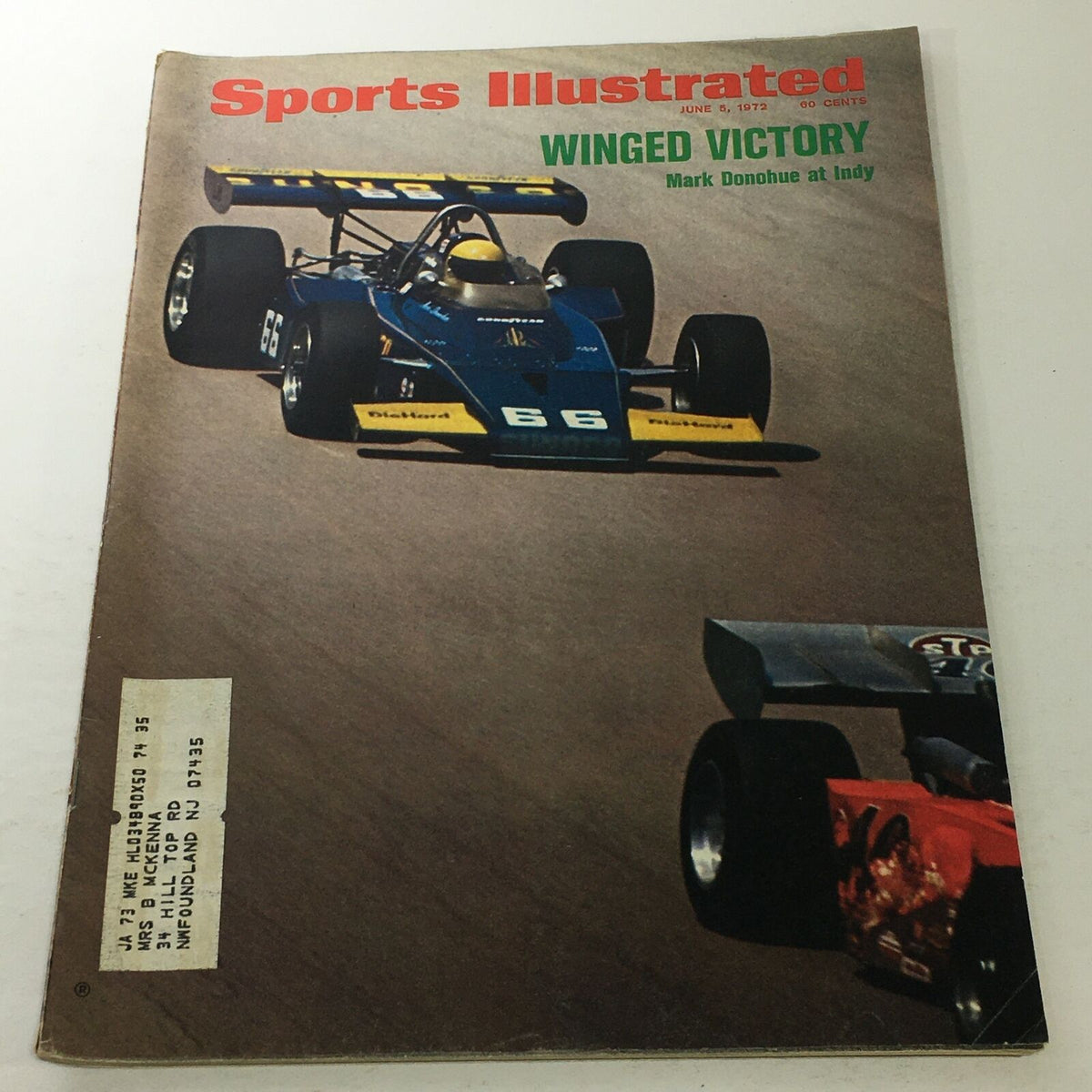 Sports Illustrated magazine cover from June 5, 1972, featuring 'Winged Victory' and Mark Donohue racing at Indy, showcasing a blue race car with number 66.