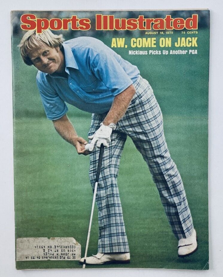 Cover of Sports Illustrated Magazine dated August 18, 1975, featuring Jack Nicklaus in plaid pants, celebrating his PGA achievements. This issue is Volume 43, No. 7.