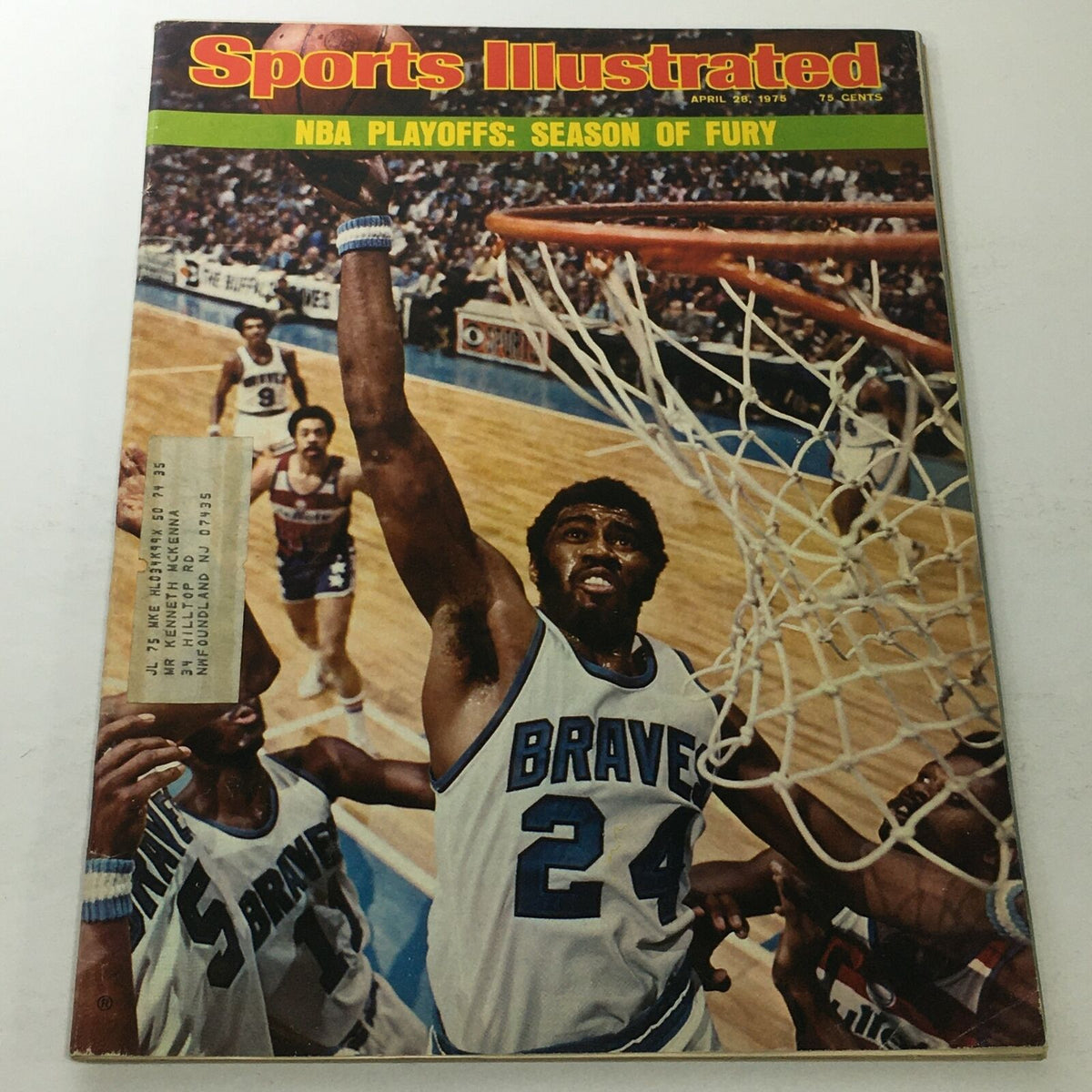 Sports Illustrated cover from April 28, 1975, featuring NBA Playoffs: Season of Fury with a player dunking, showcasing athletic action and excitement.