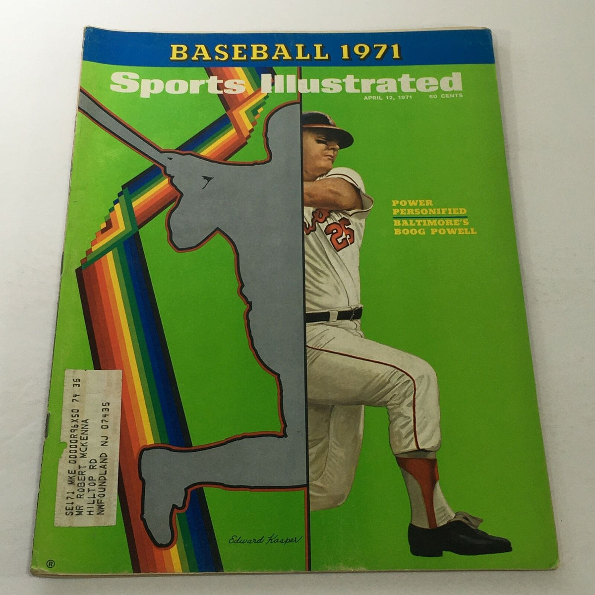Cover of Sports Illustrated magazine from April 12, 1971, featuring the title 'Power Personified Baltimore's Boog Powell' with a silhouette of a baseball player and Boog Powell in a baseball uniform.