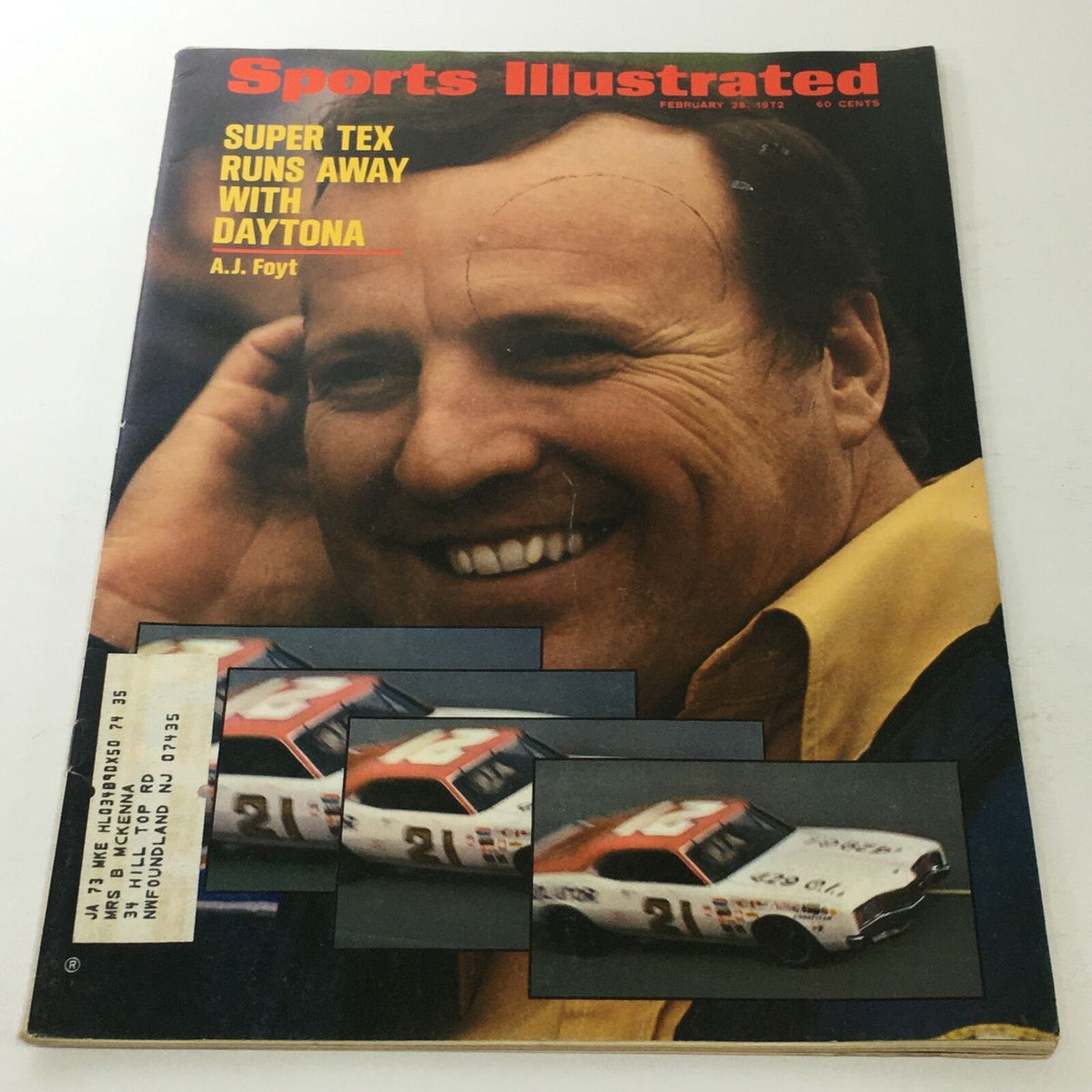Sports Illustrated cover from February 28, 1972 featuring Super Tex and A.J. Foyt with a smiling portrait of A.J. Foyt and images of stock cars.