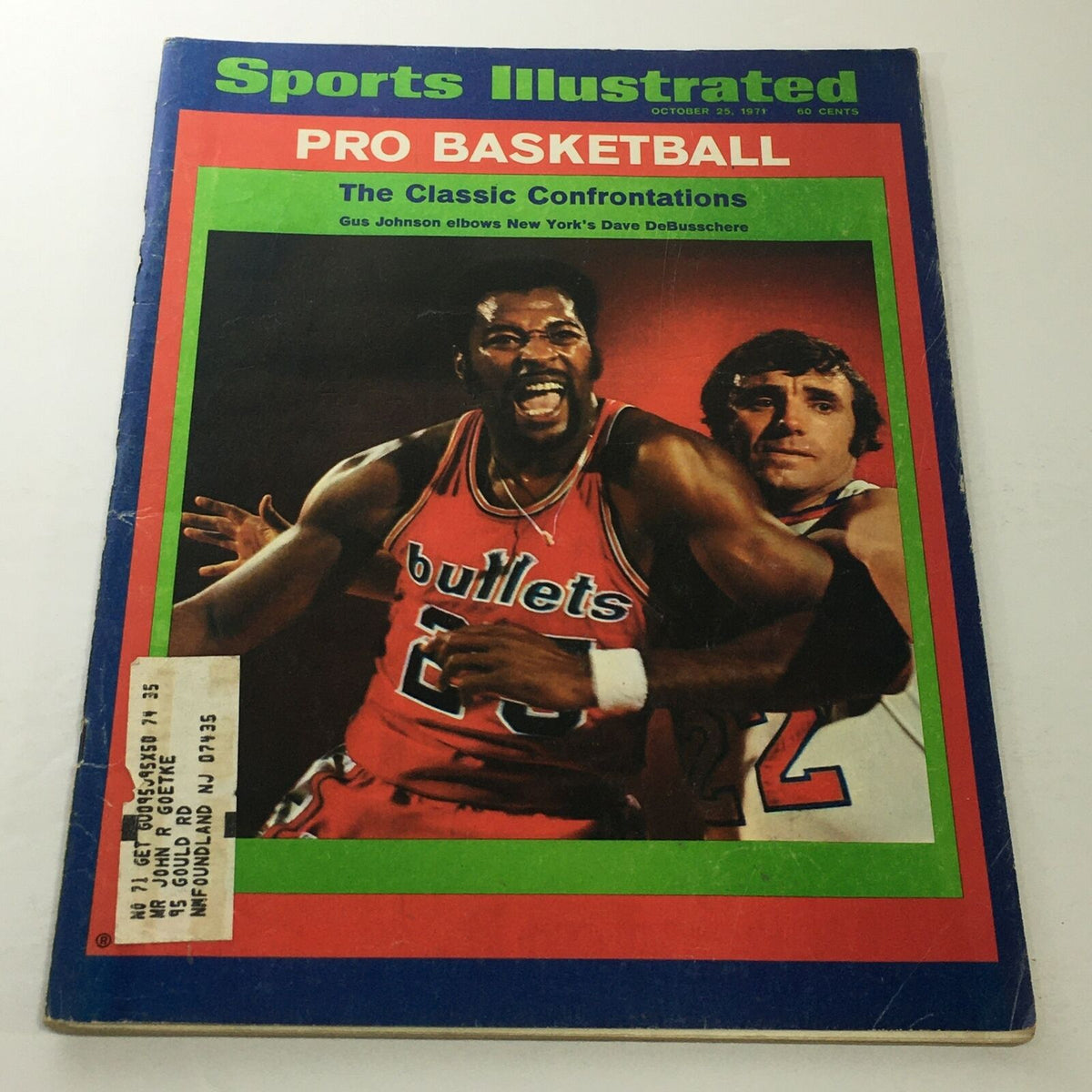 Sports Illustrated cover from October 25, 1971 featuring Gus Johnson elbowing New York's Dave DeBusschere, highlighting the classic confrontations in pro basketball. The magazine has a green border and shows signs of minor wear.