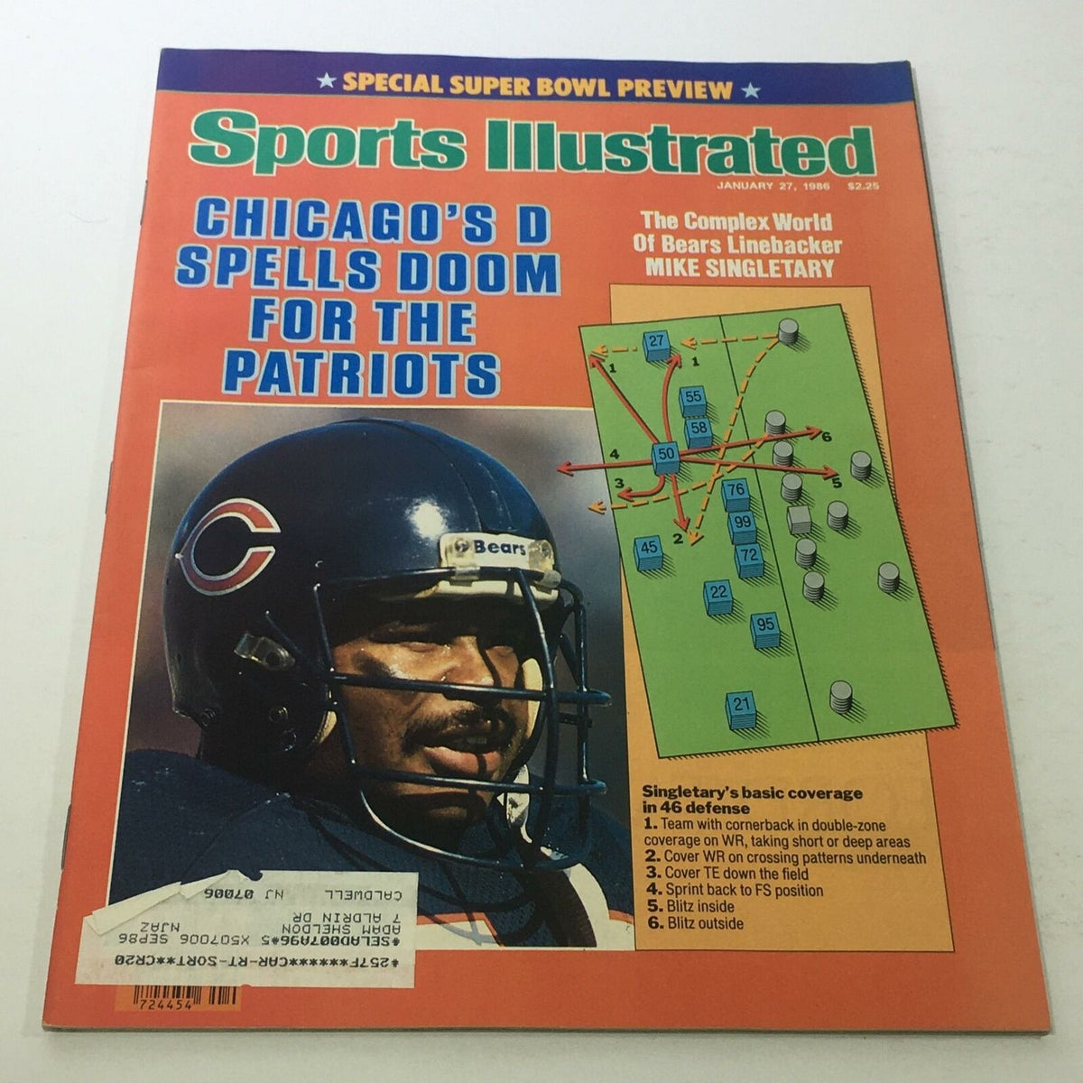 Sports Illustrated cover from January 27, 1986, featuring the headline 'Chicago's D Spells Doom For The Patriots' with an image of Bears linebacker Mike Singletary.