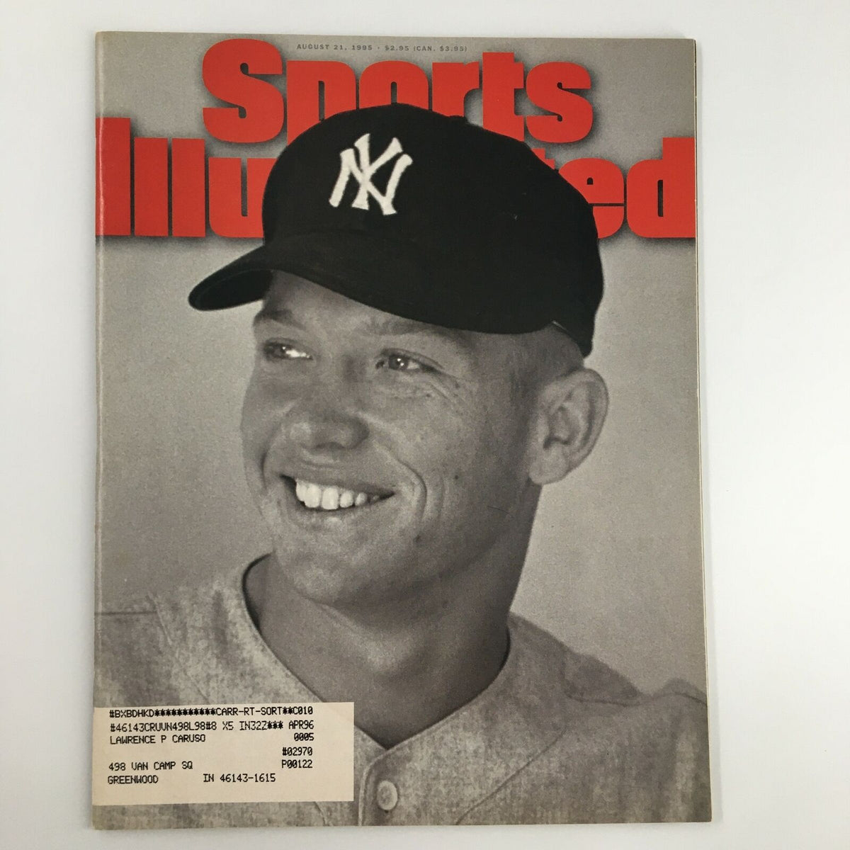 Cover of Sports Illustrated Magazine from August 21, 1995, featuring Mickey Mantle smiling in a baseball cap, representing a collectible issue celebrating the legendary baseball player.