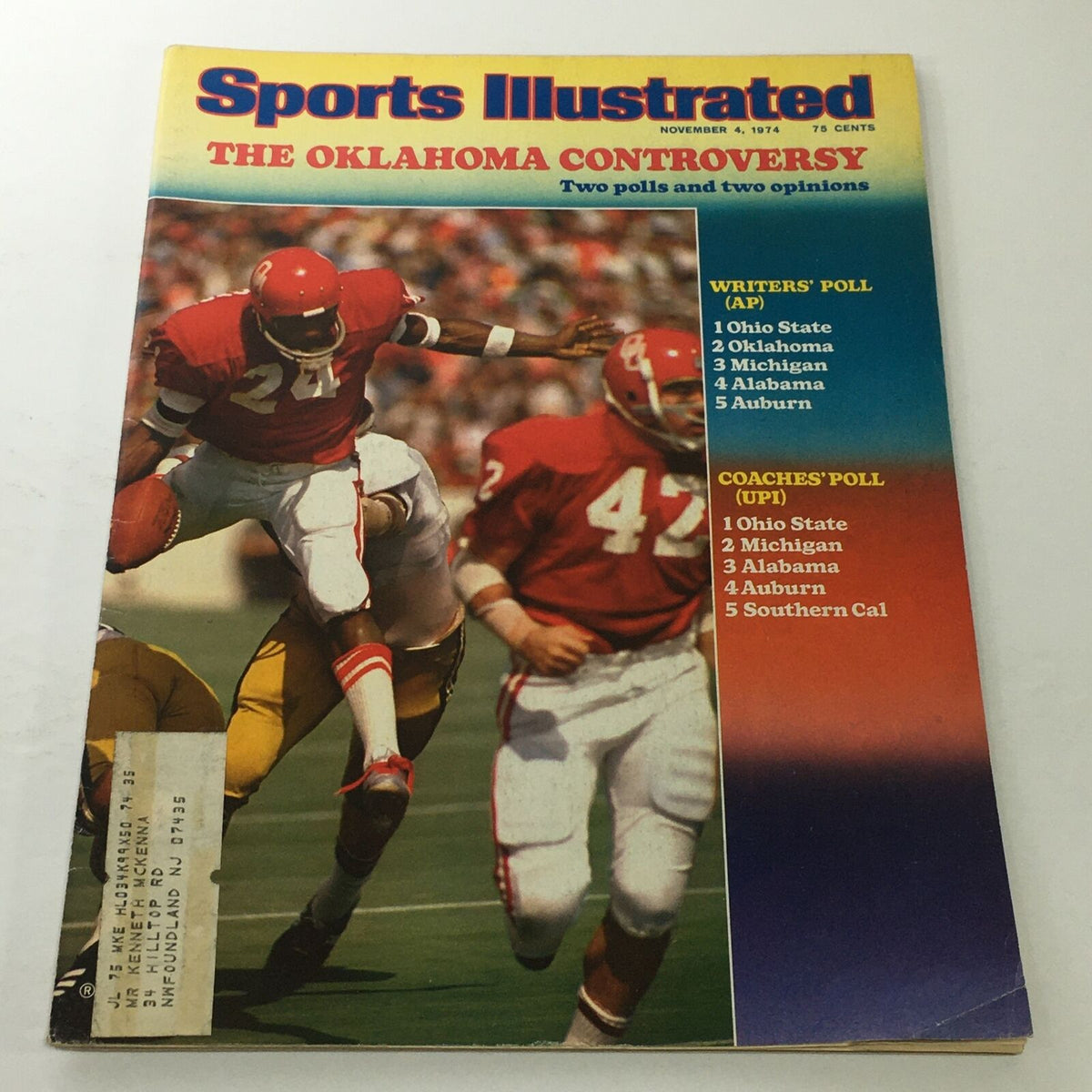 Cover of Sports Illustrated: November 4 1974, featuring 'The Oklahoma Controversy' with images of football players and details on two polls and two opinions.