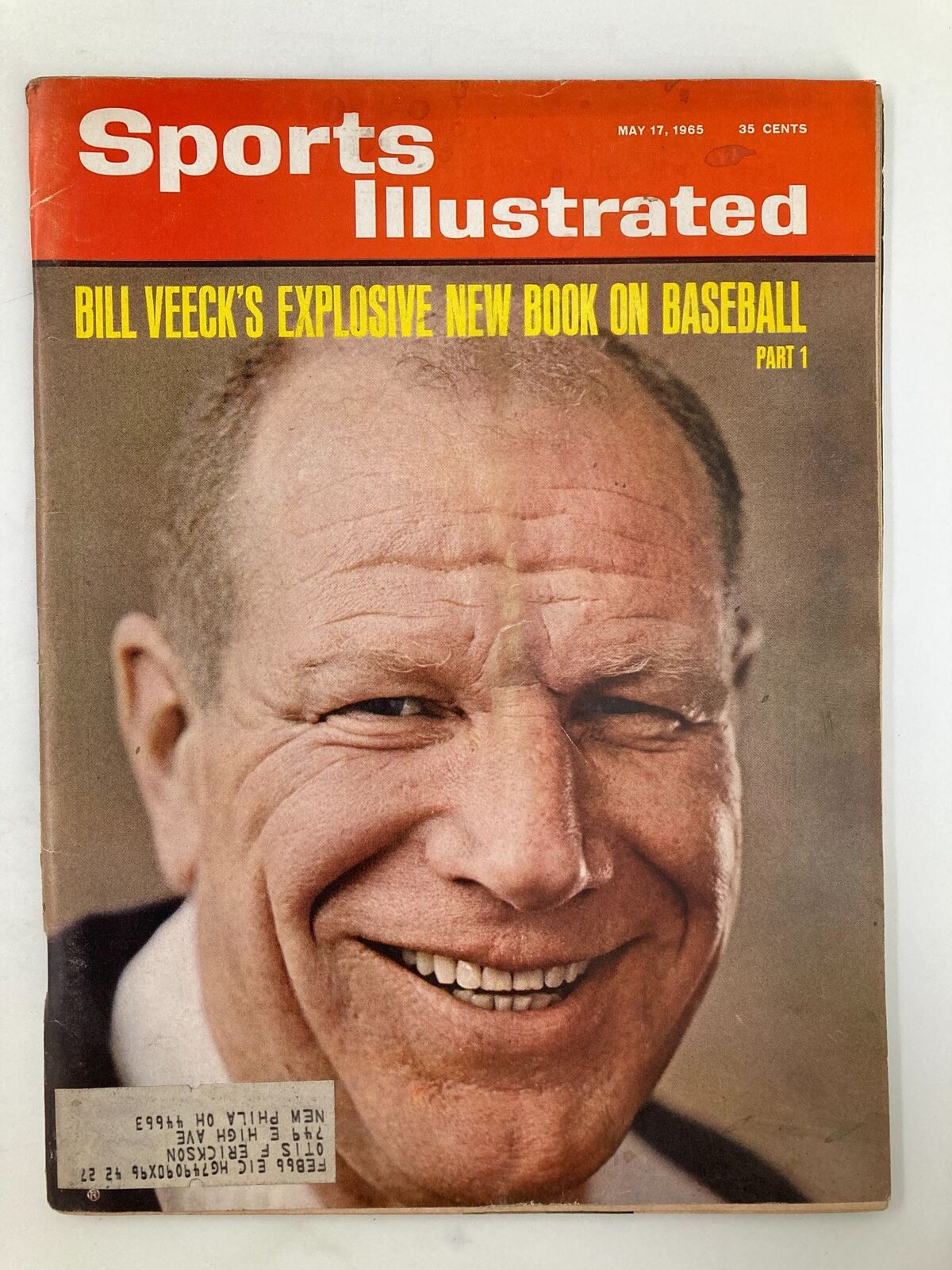 Vintage Sports Illustrated Magazine cover from May 17, 1965, featuring Bill Veeck's Explosive New Book. The cover showcases a close-up image of Bill Veeck smiling, with a bright red background and bold text highlighting the magazine's theme.