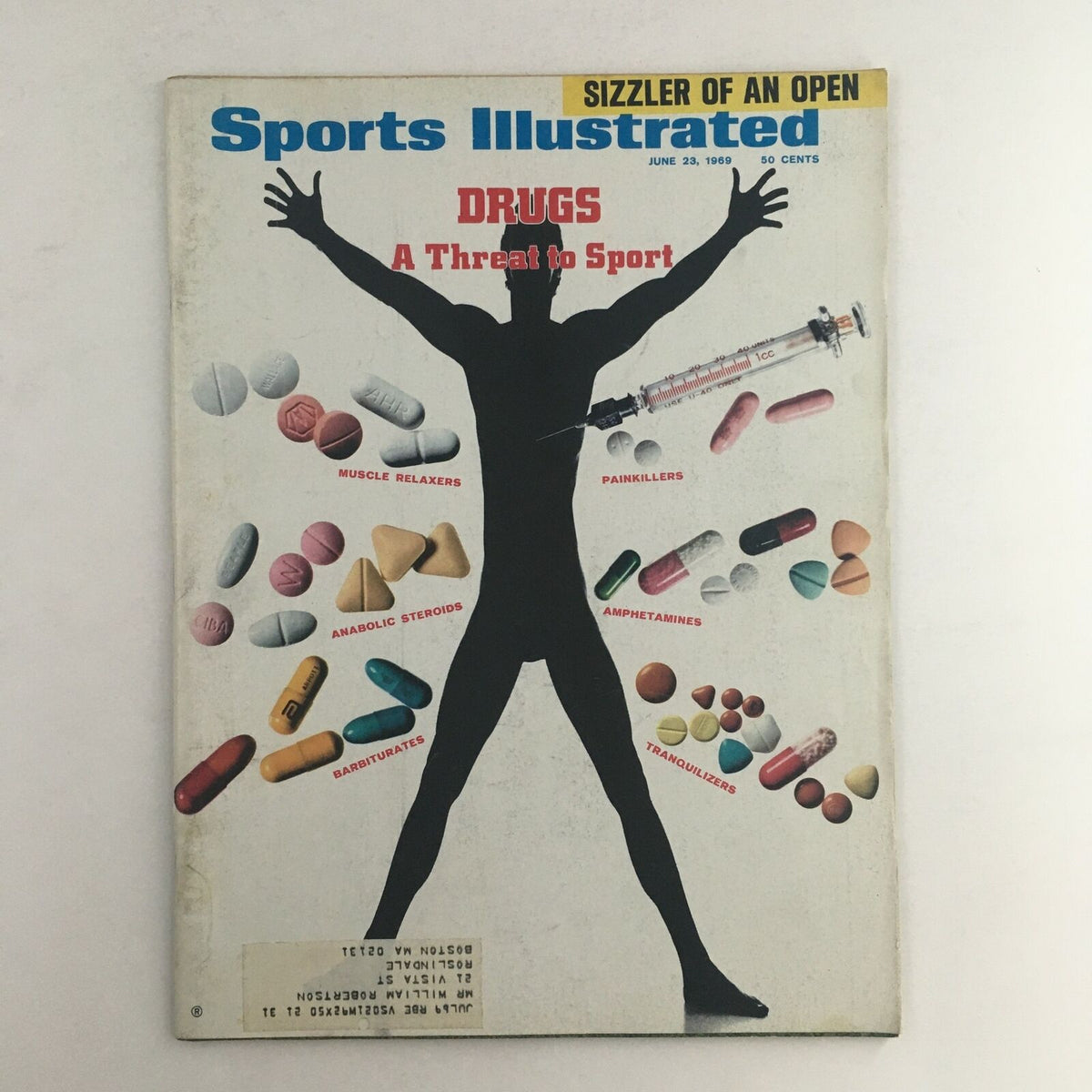 Cover of Sports Illustrated Magazine dated June 23, 1969, featuring the title 'Painkiller Drugs A Threat to Sports'. The cover illustrates various types of drugs, including painkillers, tranquilizers, and steroids, in a graphic design around a silhouette of a person.