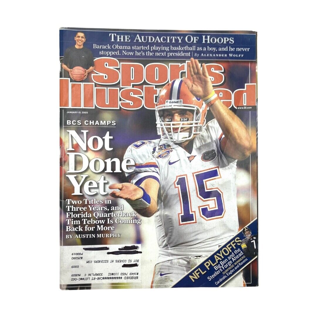 Cover of Sports Illustrated Magazine, January 19, 2009, featuring Tim Tebow with a football in his hand and the headline 'Not Done Yet' highlighting his college football achievements.