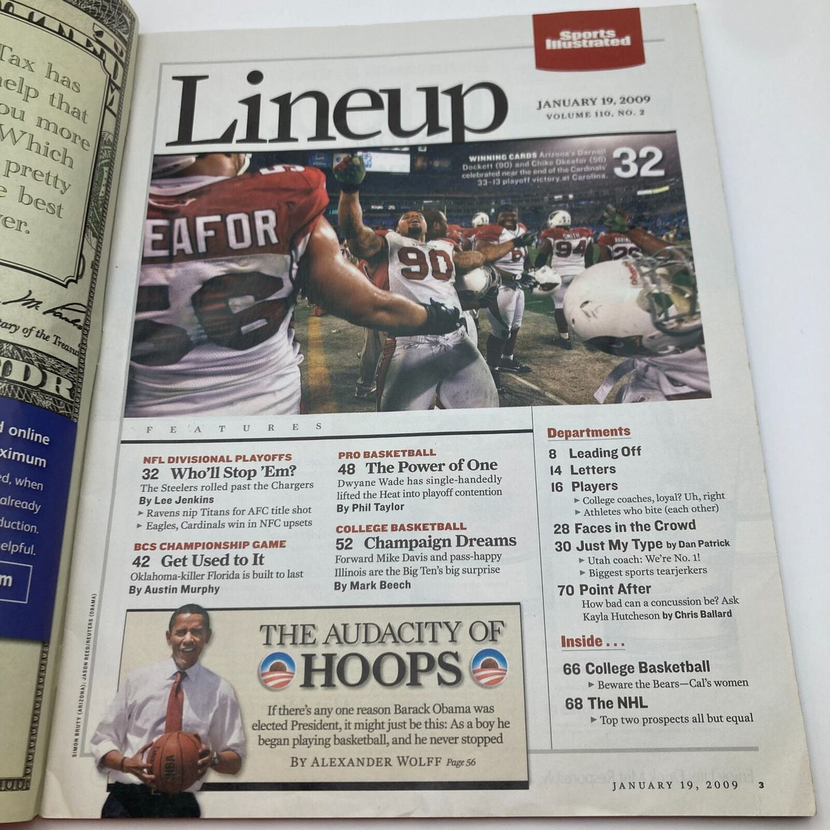 Inside page of Sports Illustrated Magazine, January 19, 2009, titled 'Lineup,' showcasing articles on sports events including 'The Audacity of Hoops' about Barack Obama and basketball.