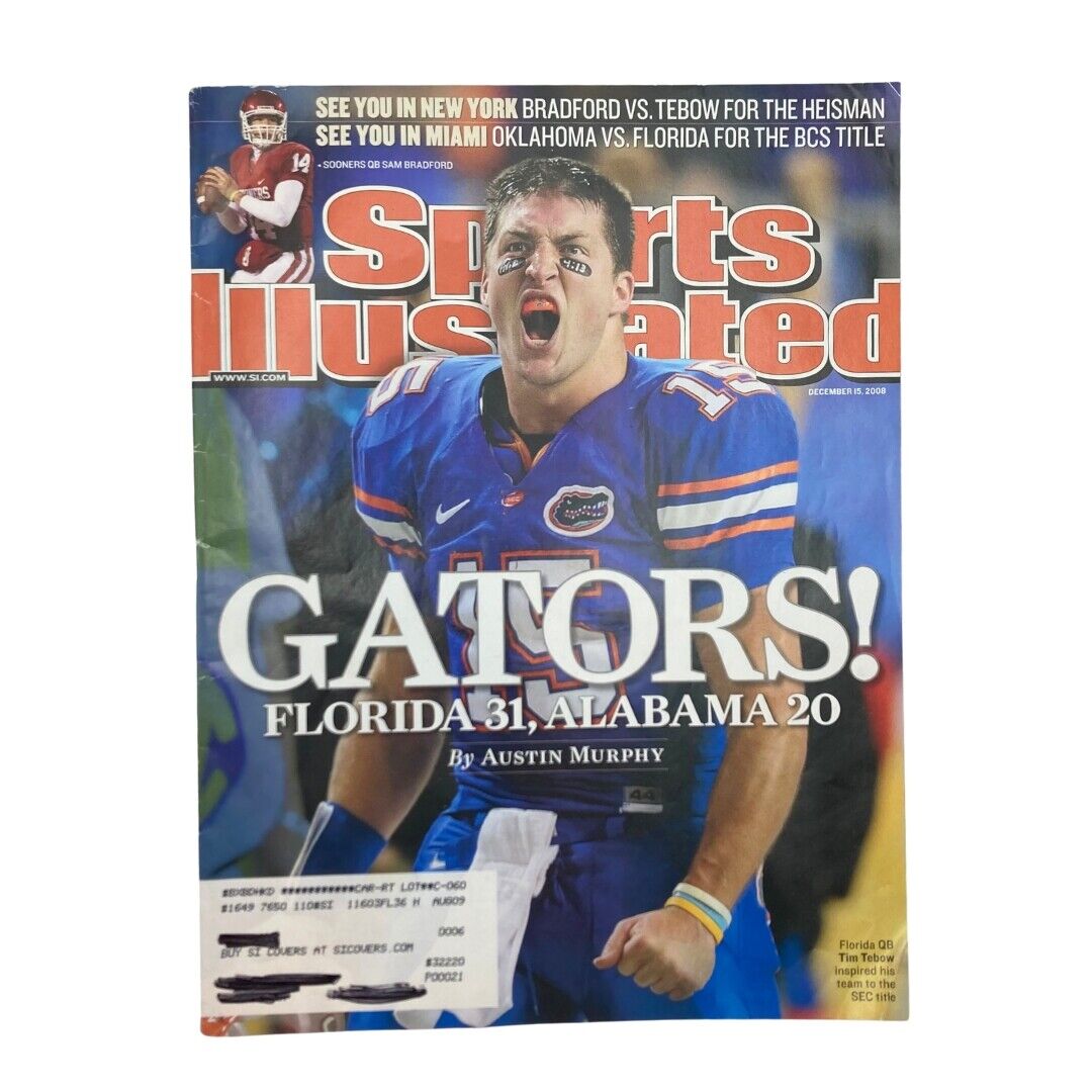 Sports Illustrated magazine cover from December 15, 2008, featuring Florida quarterback Tim Tebow, highlighting the Gators' win against Alabama with a score of 31-20 and focusing on the quest for the SEC Title.