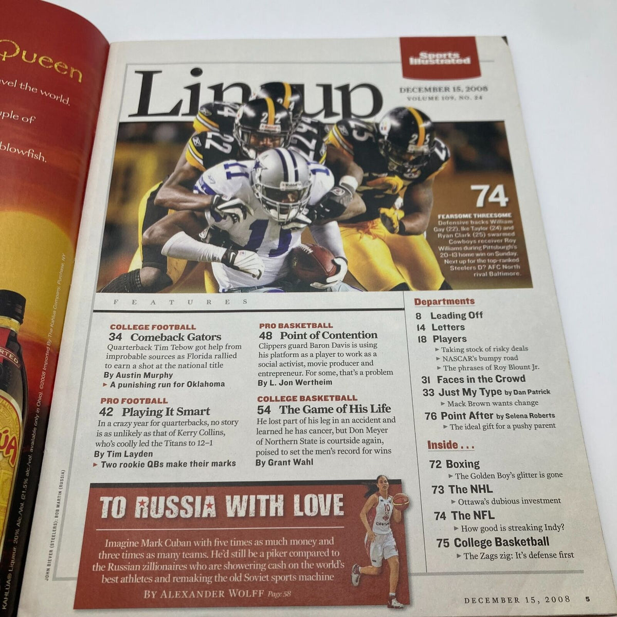 Inside page of Sports Illustrated Magazine December 15, 2008, featuring the lineup and articles including a focus on the Florida Gators and SEC Title. Highlights a momentous era in college football history.