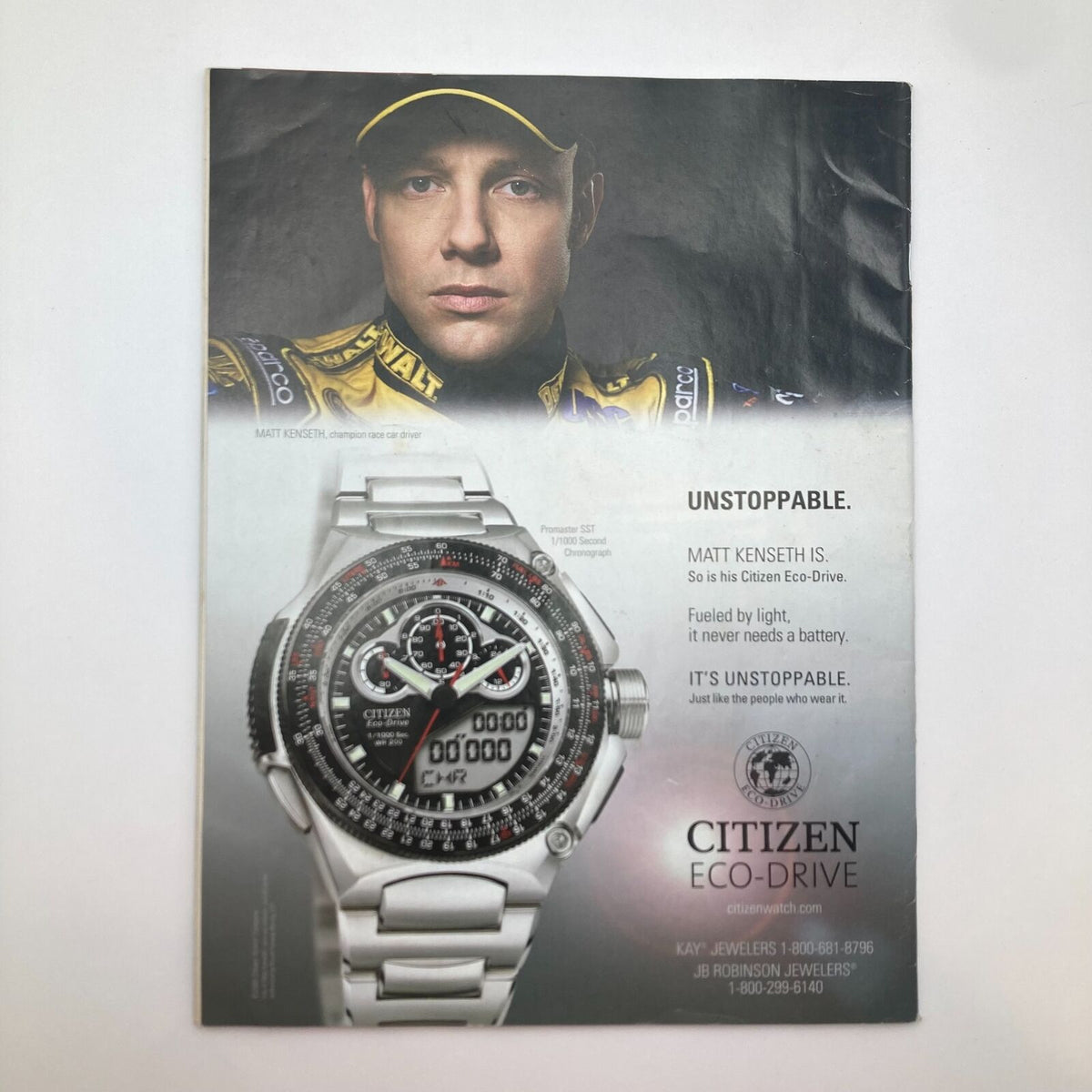 Back cover of Sports Illustrated Magazine December 15, 2008, showcasing a Citizen Eco-Drive watch advertisement featuring NASCAR driver Matt Kenseth with the tagline 'Unstoppable'.
