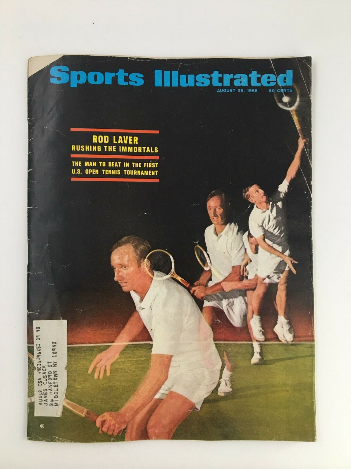 Cover of Sports Illustrated Magazine August 26 1968 featuring Rod Laver, showcasing the headline 'Rod Laver Rushing The Immortals' with images of the tennis player in action.