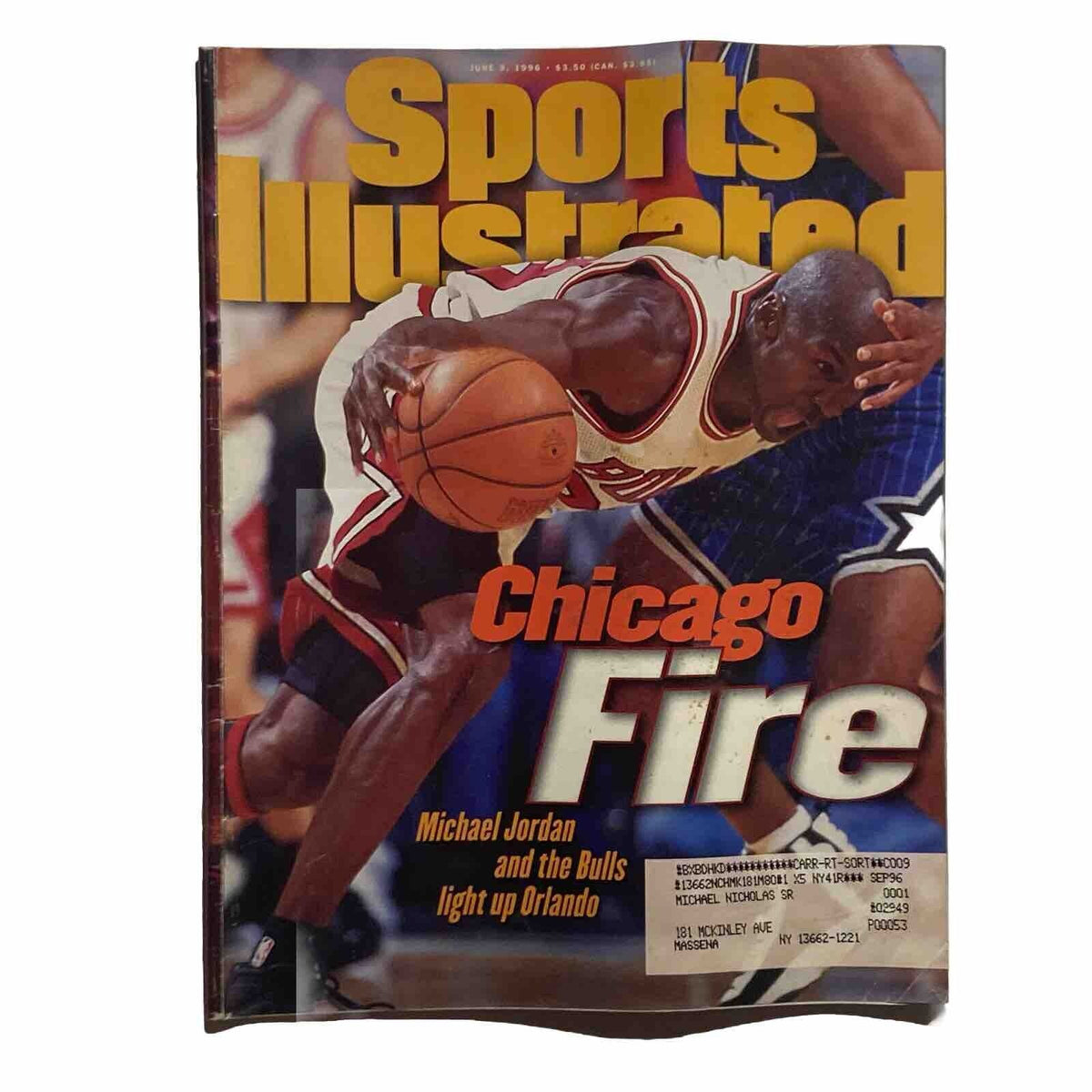 Cover of Sports Illustrated Magazine June 3 1996 featuring Michael Jordan playing basketball, highlighting the Chicago Fire and titled 'Michael Jordan and the Bulls light up Orlando.'
