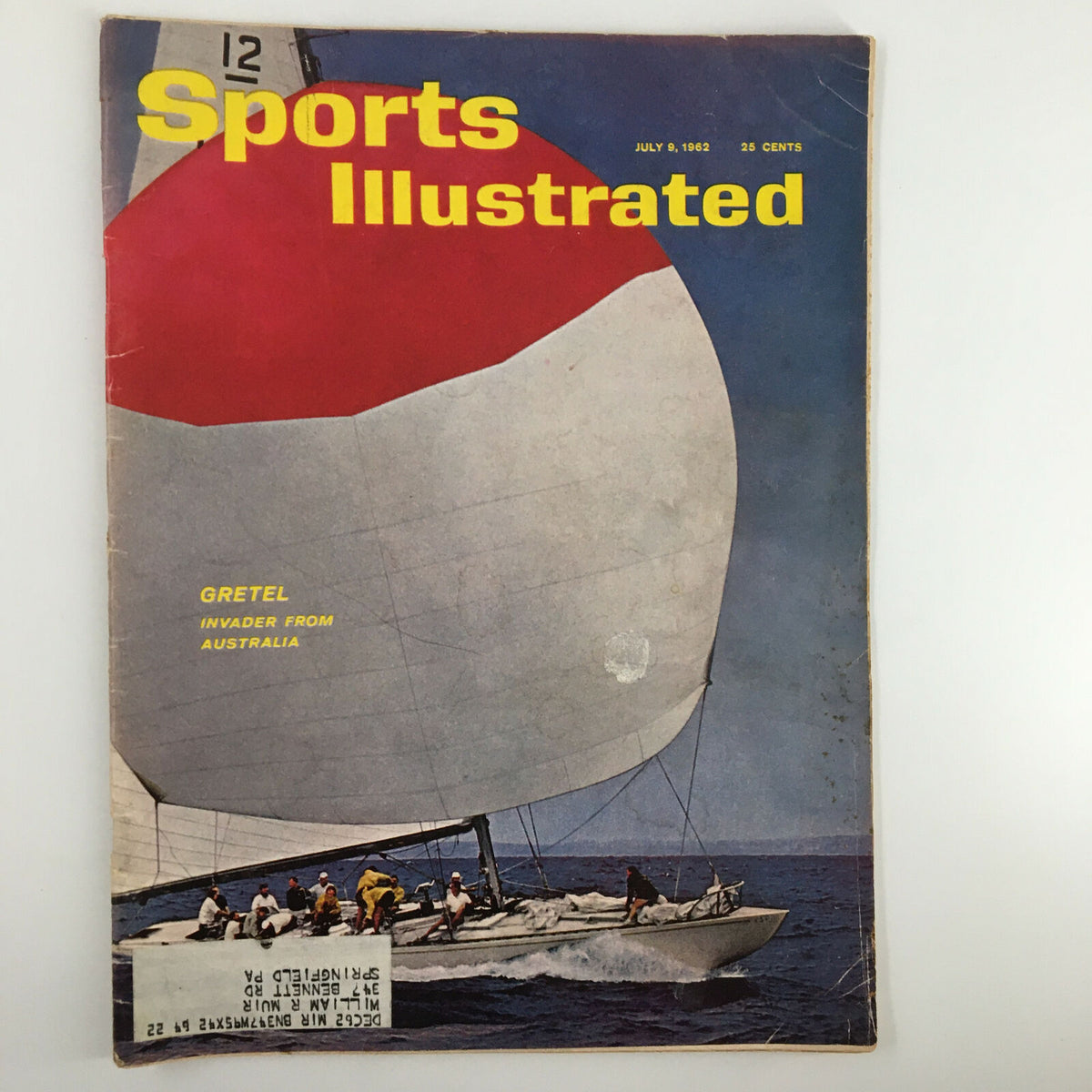 VTG Sports Illustrated Magazine July 9 1962 featuring the Gretel Invader from Australia on the cover showcasing a yacht sailing in the ocean.