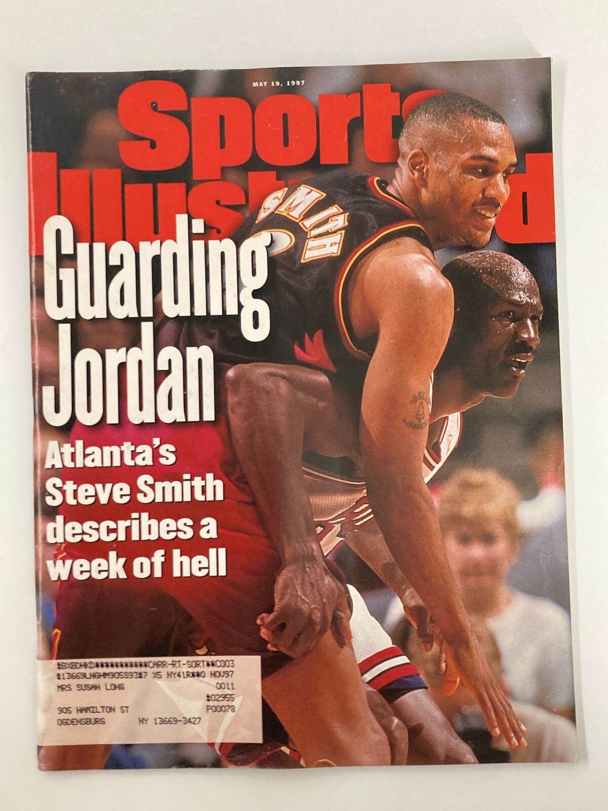 Cover of Sports Illustrated Magazine dated May 19, 1997, featuring Michael Jordan and Steve Smith. The magazine headline reads 'Guarding Jordan' with an image of Steve Smith closely defended by Jordan during an iconic basketball moment.