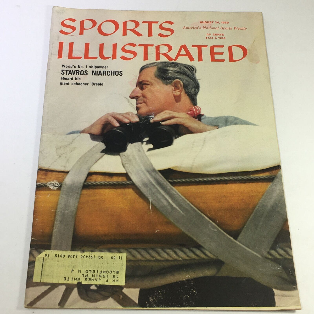 Cover of VTG Sports Illustrated Magazine August 24, 1959 featuring Stavros Niarchos, the world's number one shipowner, with binoculars aboard his yacht.