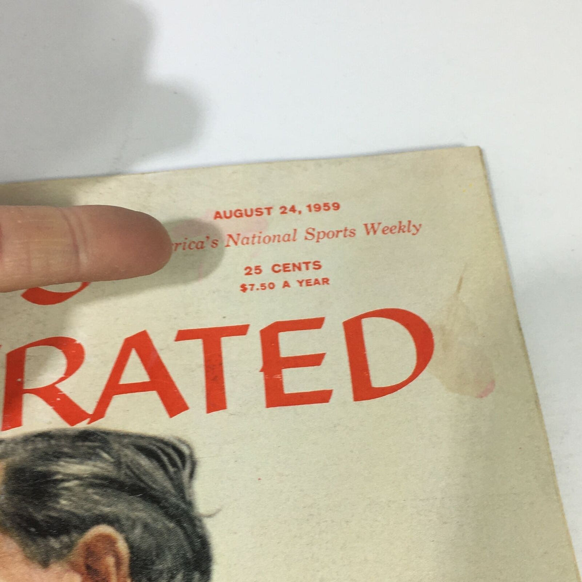 Close-up of the top section of the VTG Sports Illustrated Magazine from August 24, 1959 displaying the magazine title and publication date.