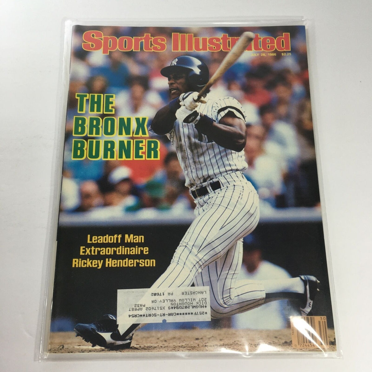 Cover of Sports Illustrated dated July 28, 1986, featuring Rickey Henderson, known as 'The Bronx Burner,' showcasing his dynamic batting stance.