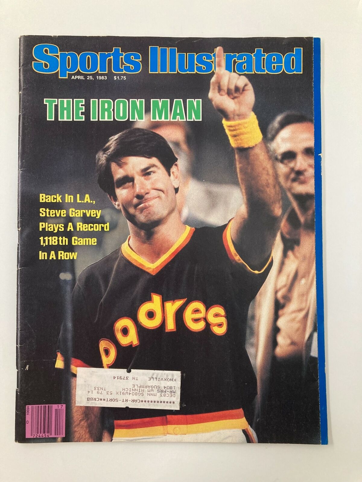 Sports Illustrated Magazine cover from April 25, 1983, featuring Steve Garvey, known as 'The Iron Man,' with a record 1,118 consecutive games played, showcasing his smile and raising his finger in celebration.