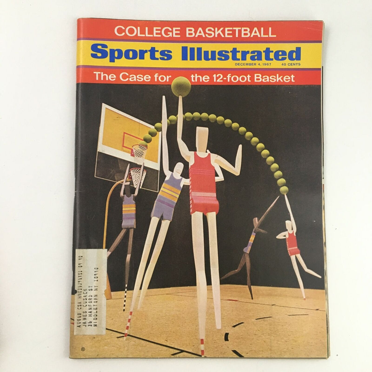 Cover of Sports Illustrated Magazine from December 4, 1967, featuring the article 'The Case for the 12-Foot Basket' with illustrations of basketball players and a basketball hoop.
