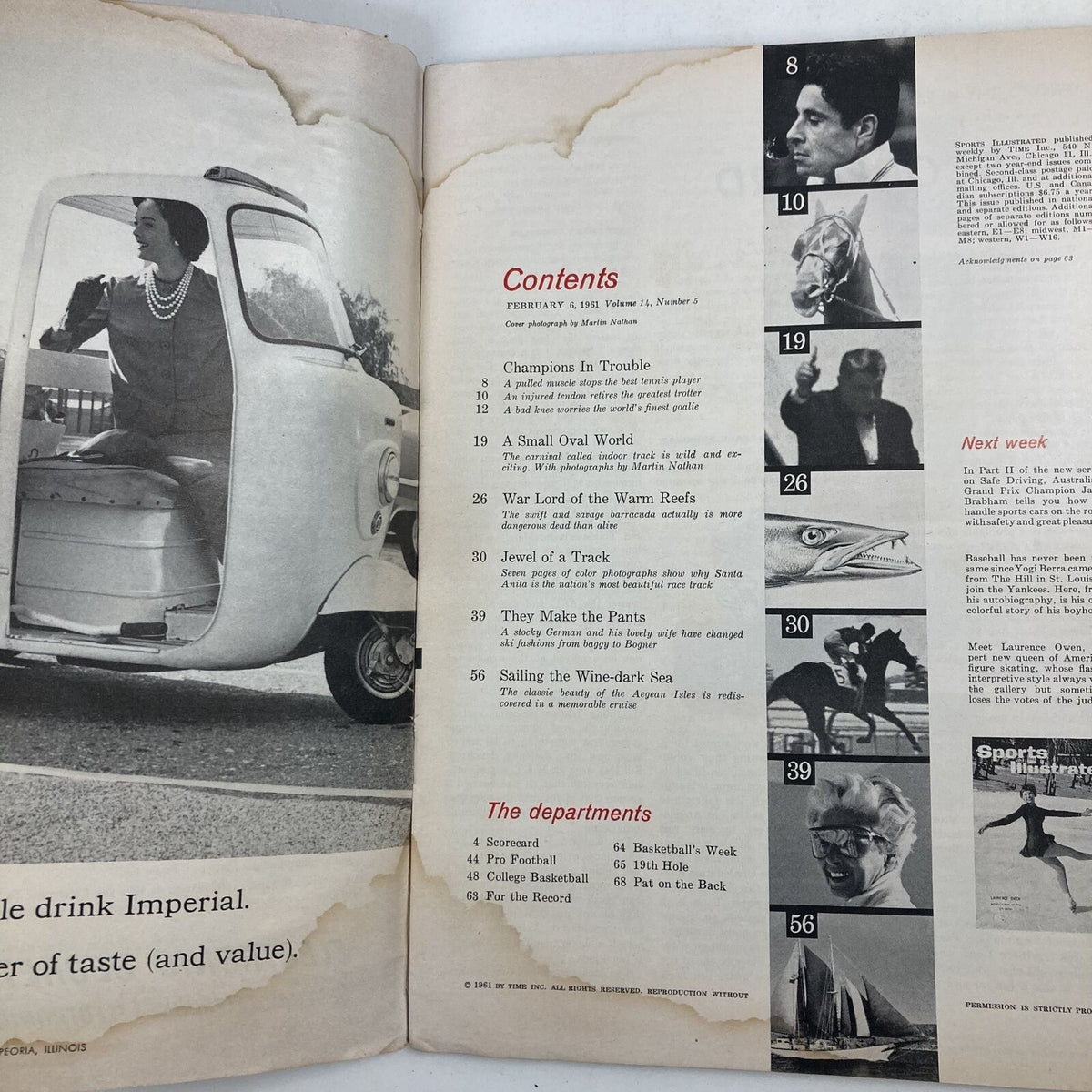 Interior page of the VTG Sports Illustrated Magazine dated February 6, 1961, showing the table of contents and an advertisement, illustrating the magazine's vintage charm and classic layout.