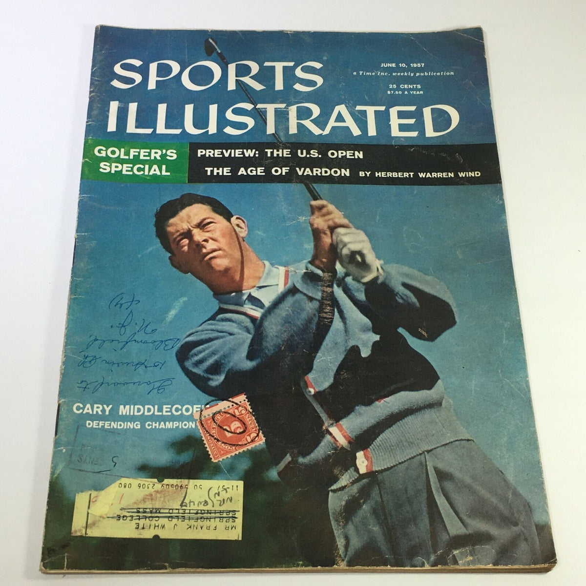 Vintage Sports Illustrated Magazine Cover from June 10, 1957 featuring Cary Middlecoff, the defending champion. This collectible magazine showcases iconic sports memorabilia and highlights the U.S. Open.