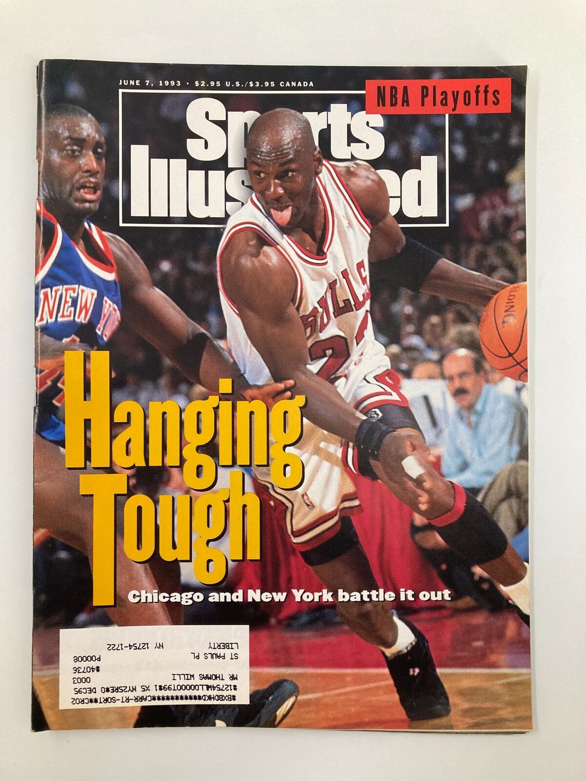 Sports Illustrated Magazine June 7 1993 featuring Michael Jordan and Anthony Mason on the cover, highlighting the NBA Playoffs with the caption 'Hanging Tough: Chicago and New York battle it out.' This vintage magazine showcases iconic moments from basketball history.