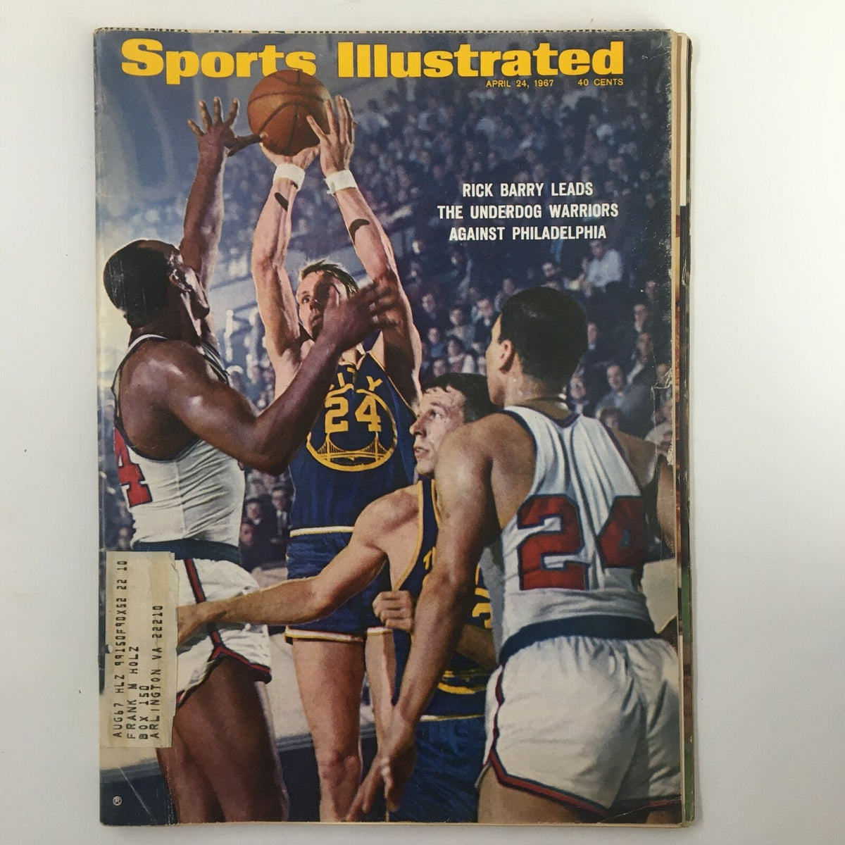 VTG Sports Illustrated Magazine April 24 1967 Cover featuring Rick Barry leading the underdog team against Philadelphia, showcasing a dynamic basketball scene.